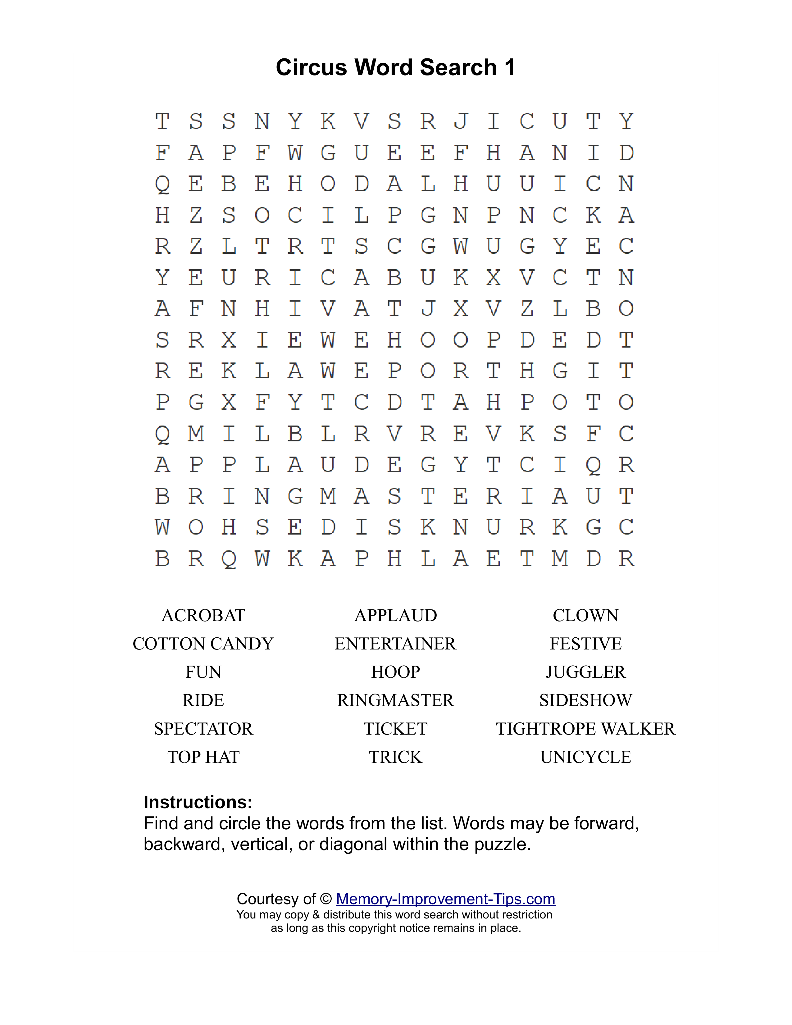 Circus 1 word search printable puzzle