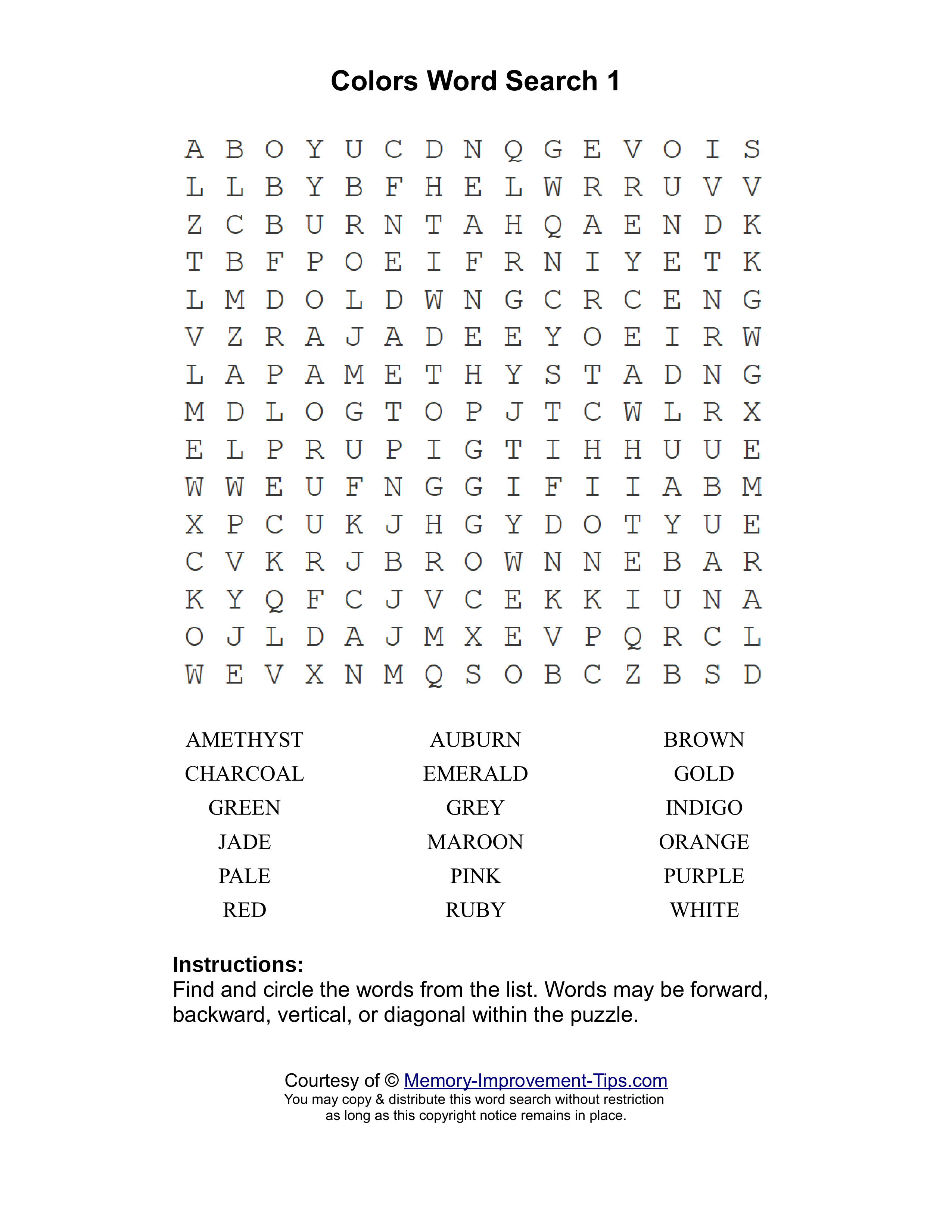 Colors 1 word search printable puzzle