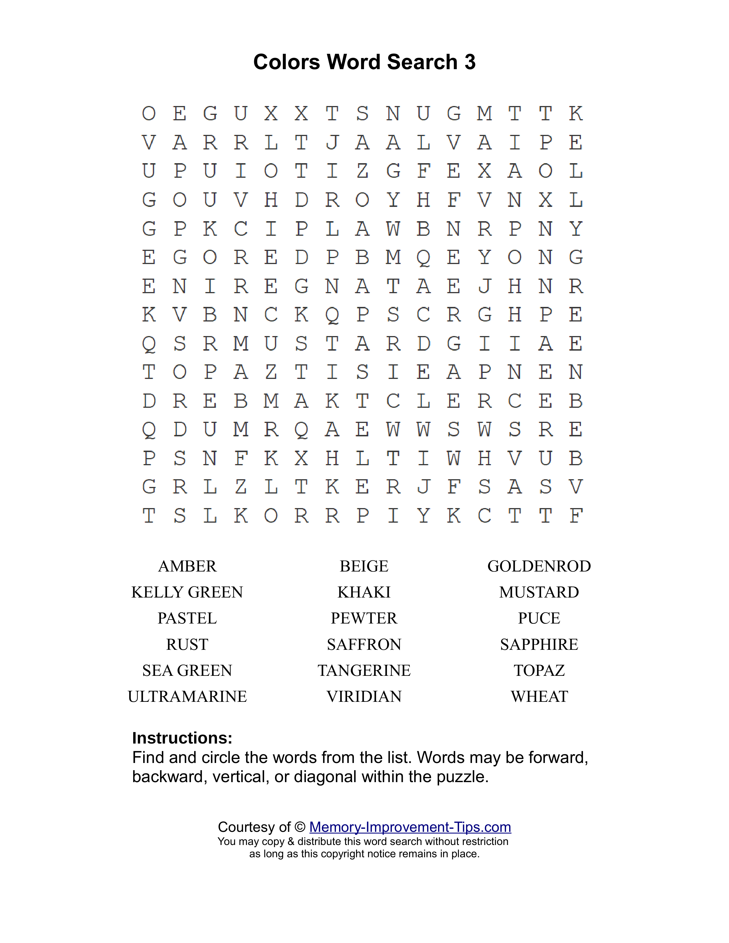 Colors 3 word search printable puzzle