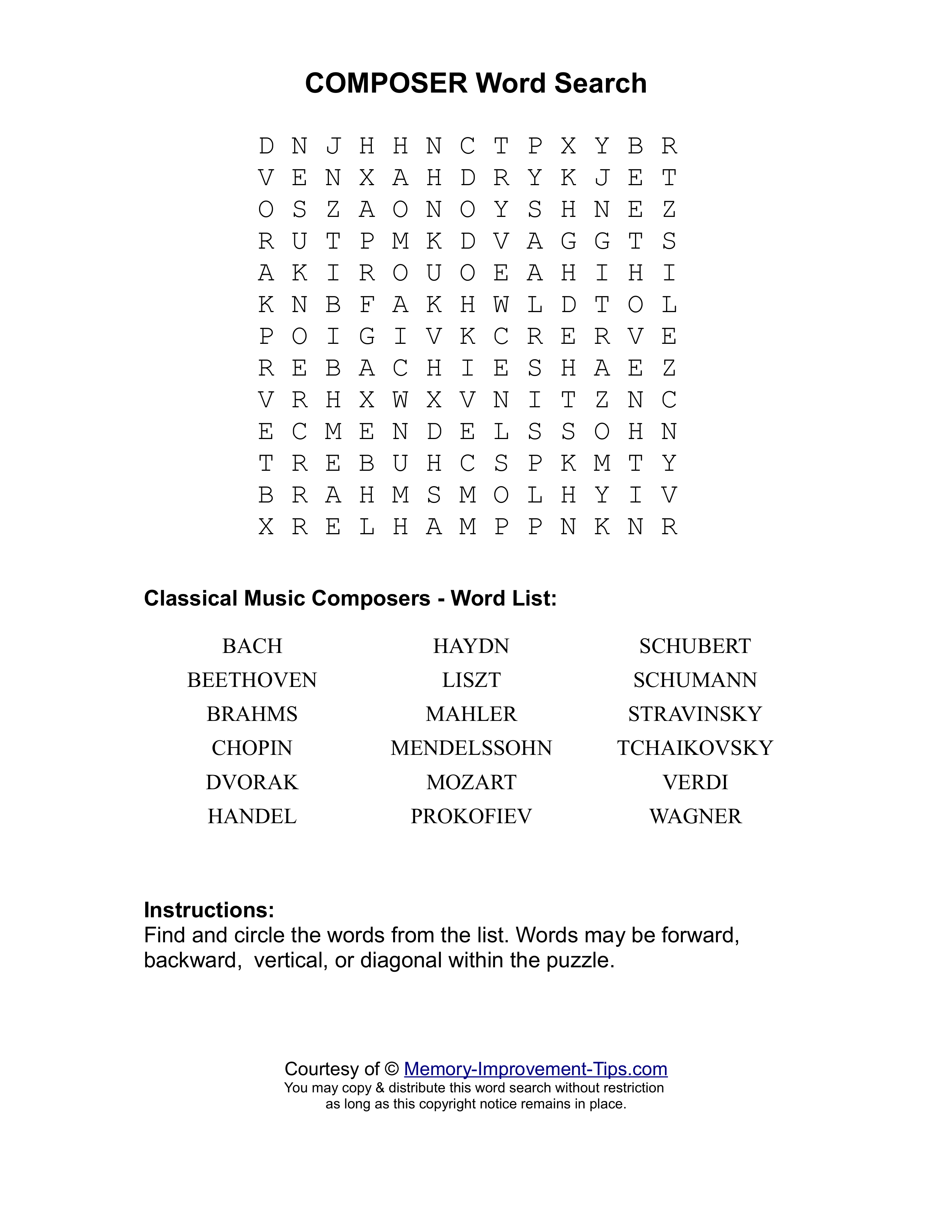 Composers word search printable puzzle
