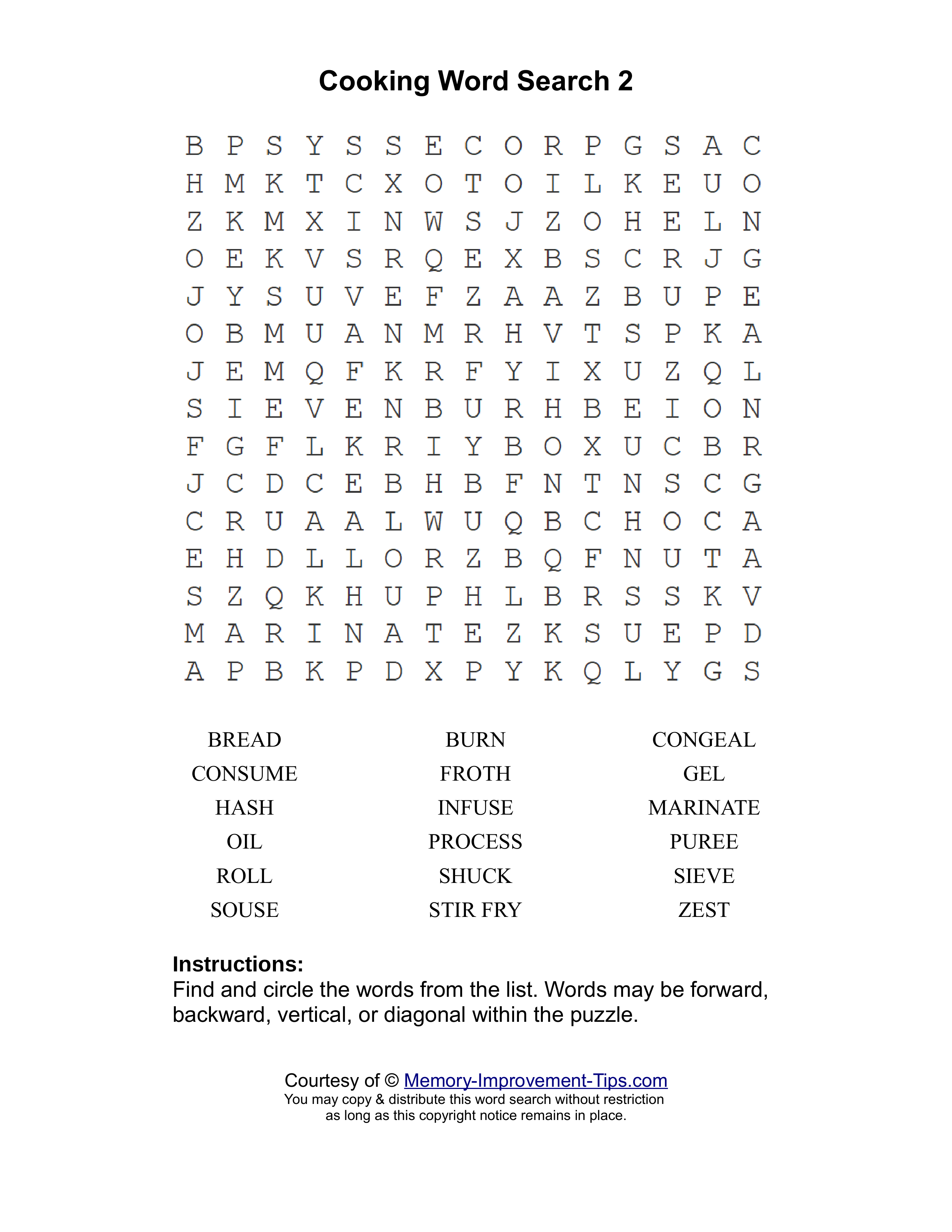 Cooking 2 word search printable puzzle