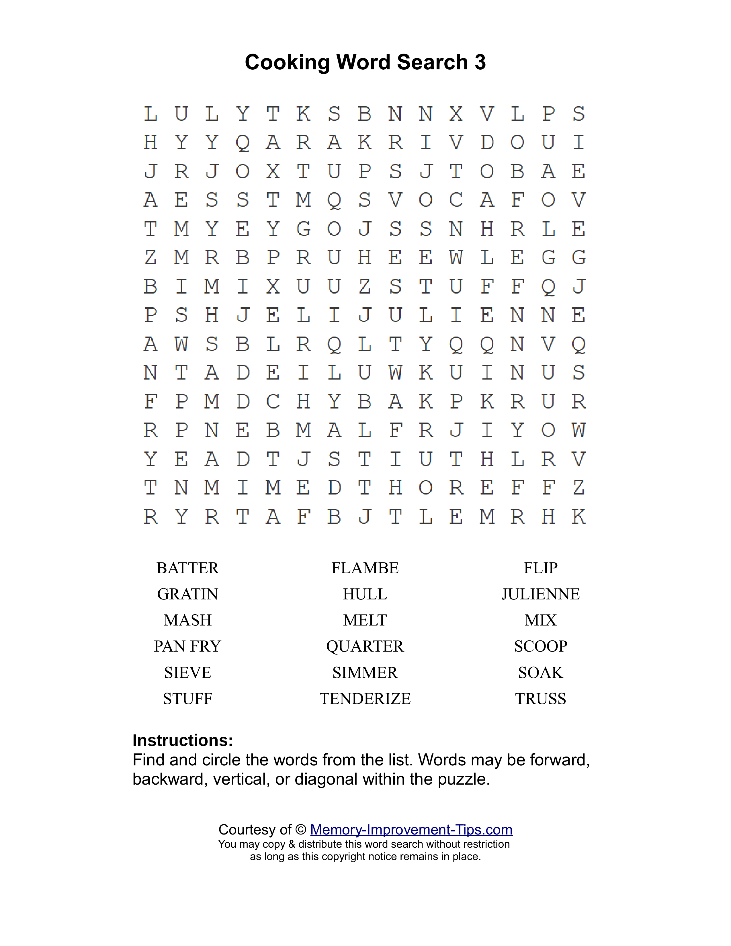 Cooking 3 word search printable puzzle