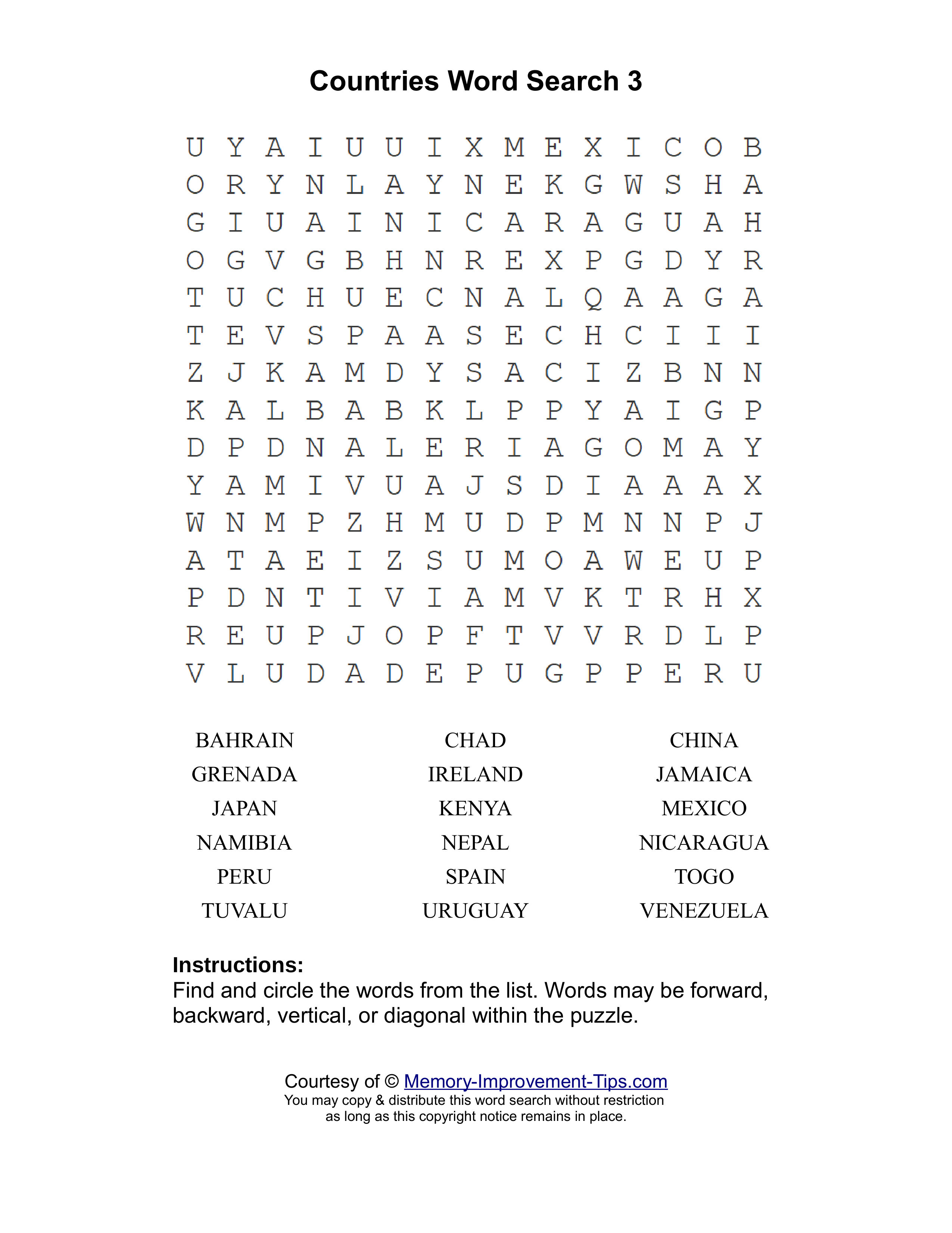 Countries 3 word search printable puzzle