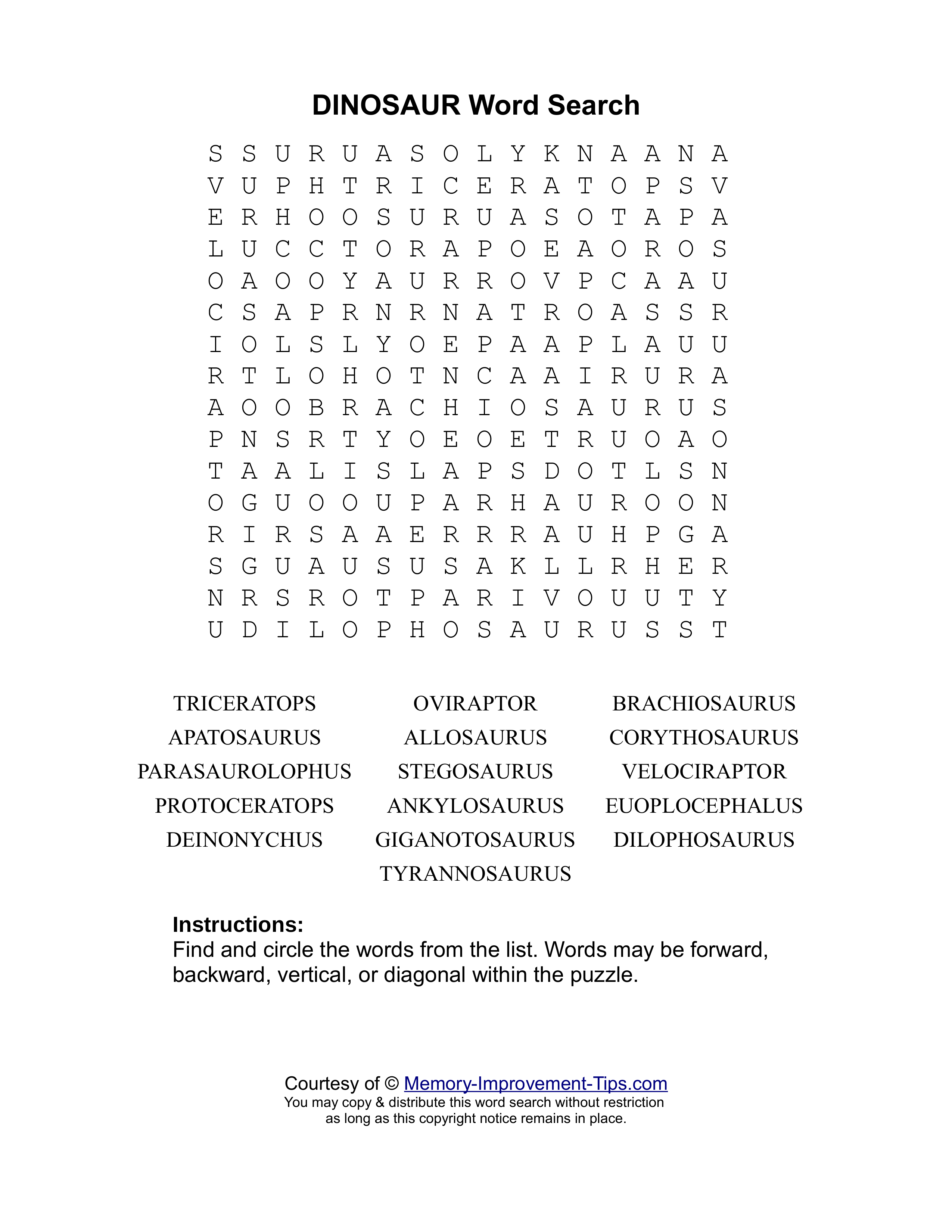 Dinosaurs word search printable puzzle