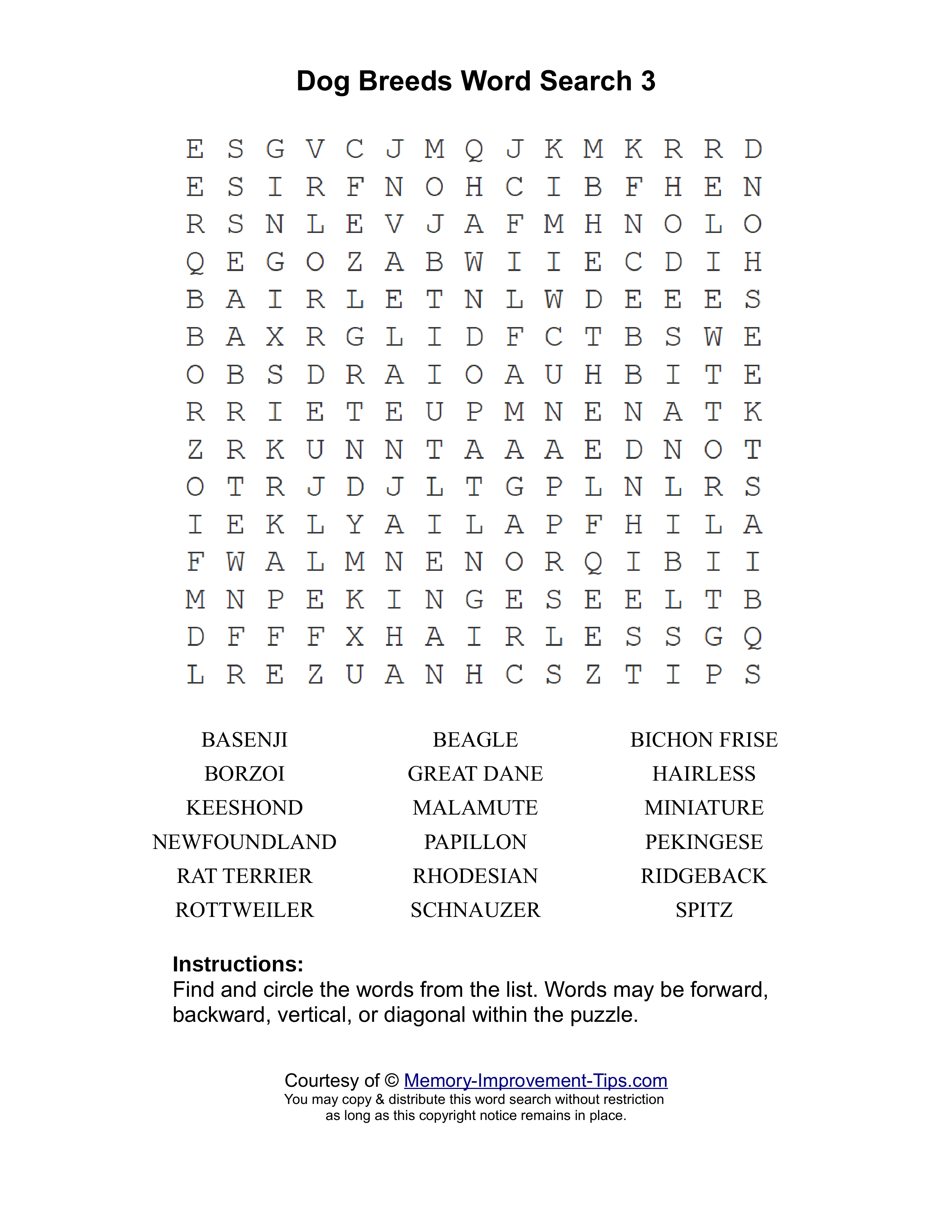 Dog Breeds 3 word search printable puzzle