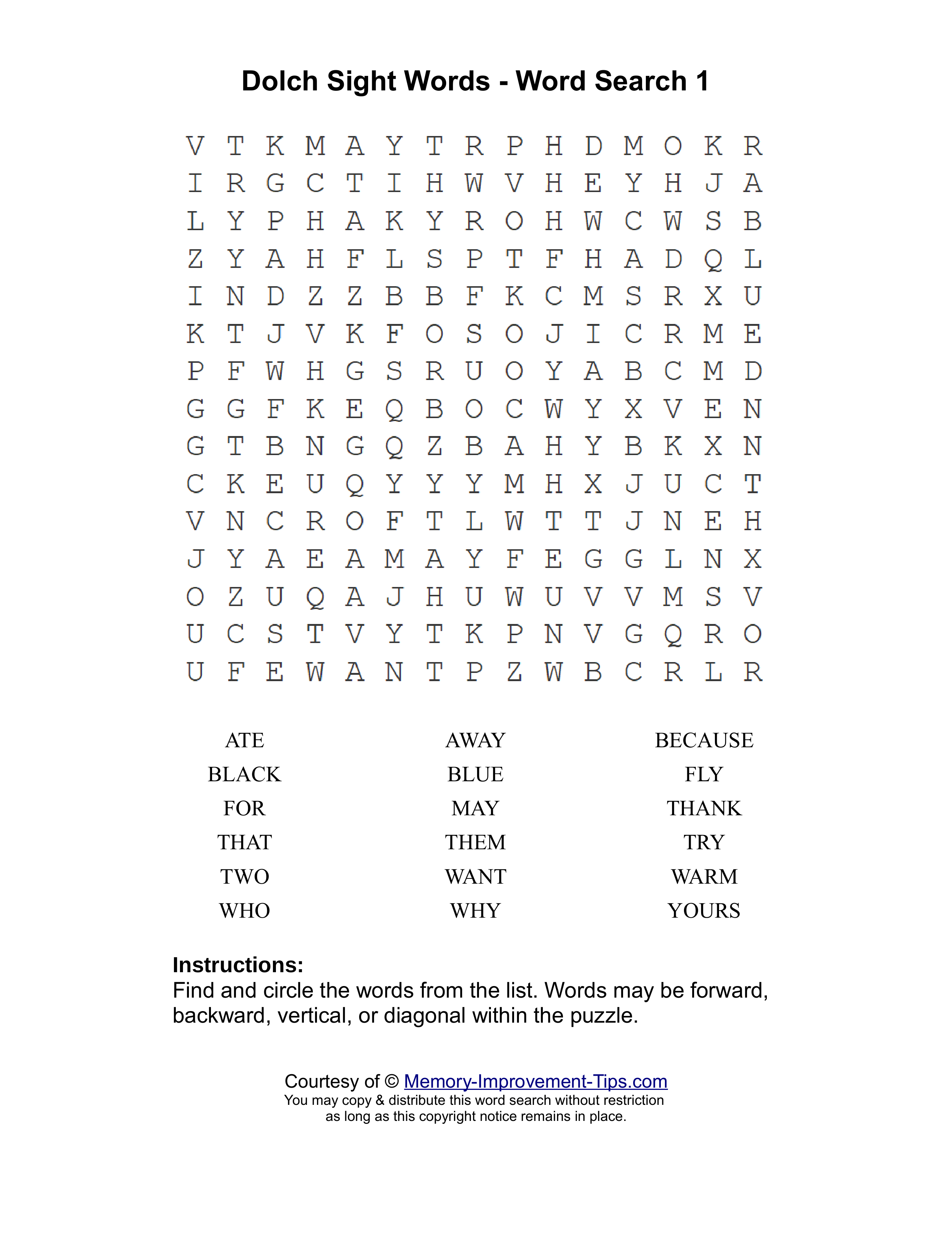 Dolch Words 1 word search printable puzzle