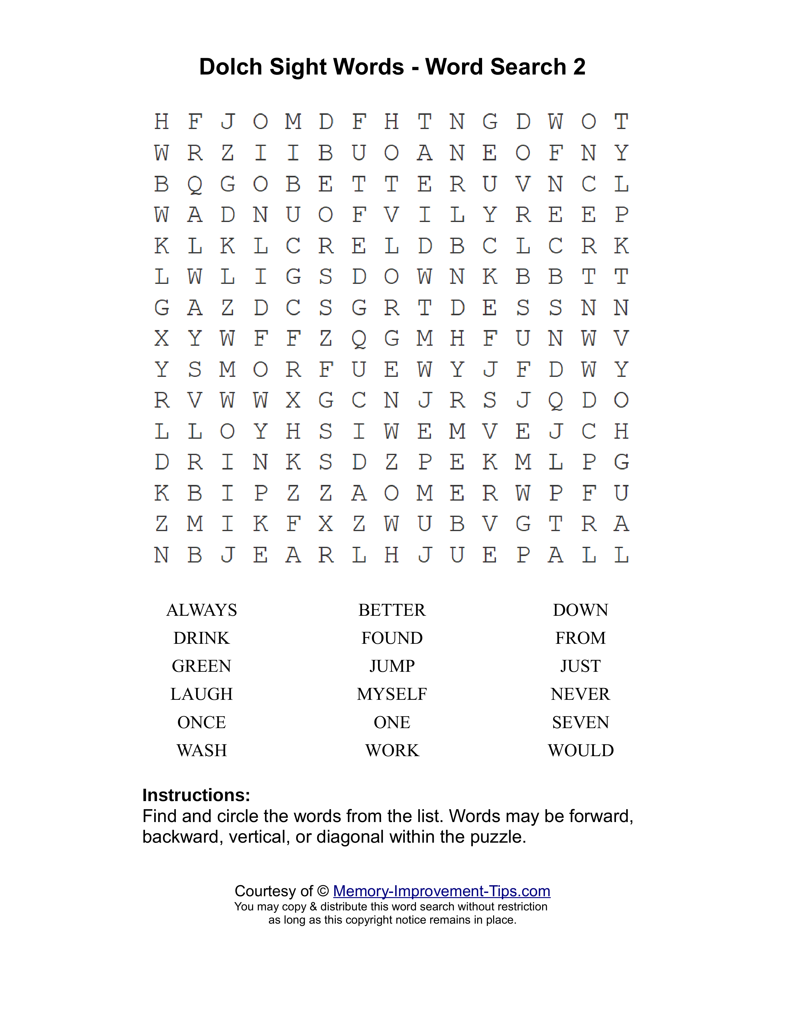 Dolch Words 2 word search printable puzzle