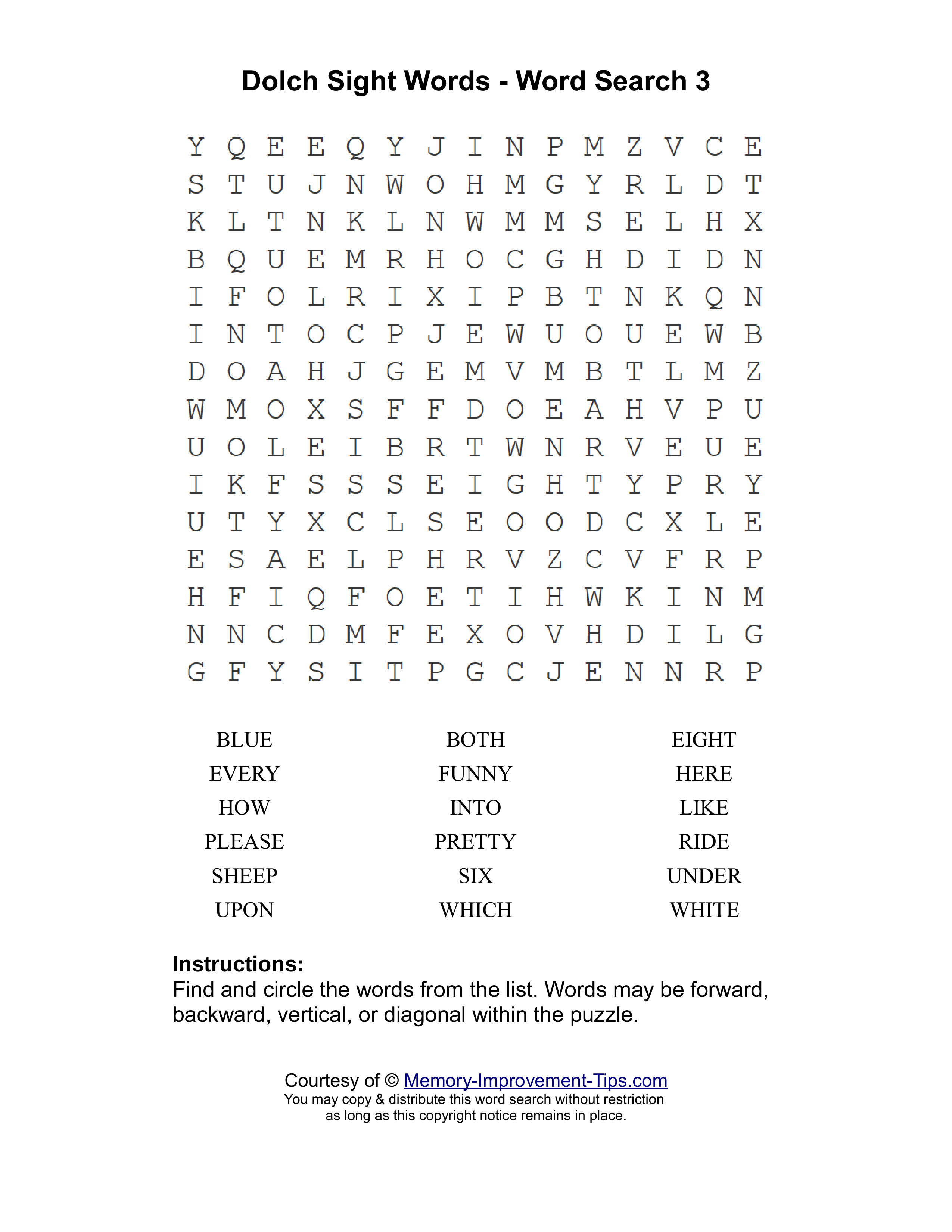 Dolch Words 3 word search printable puzzle