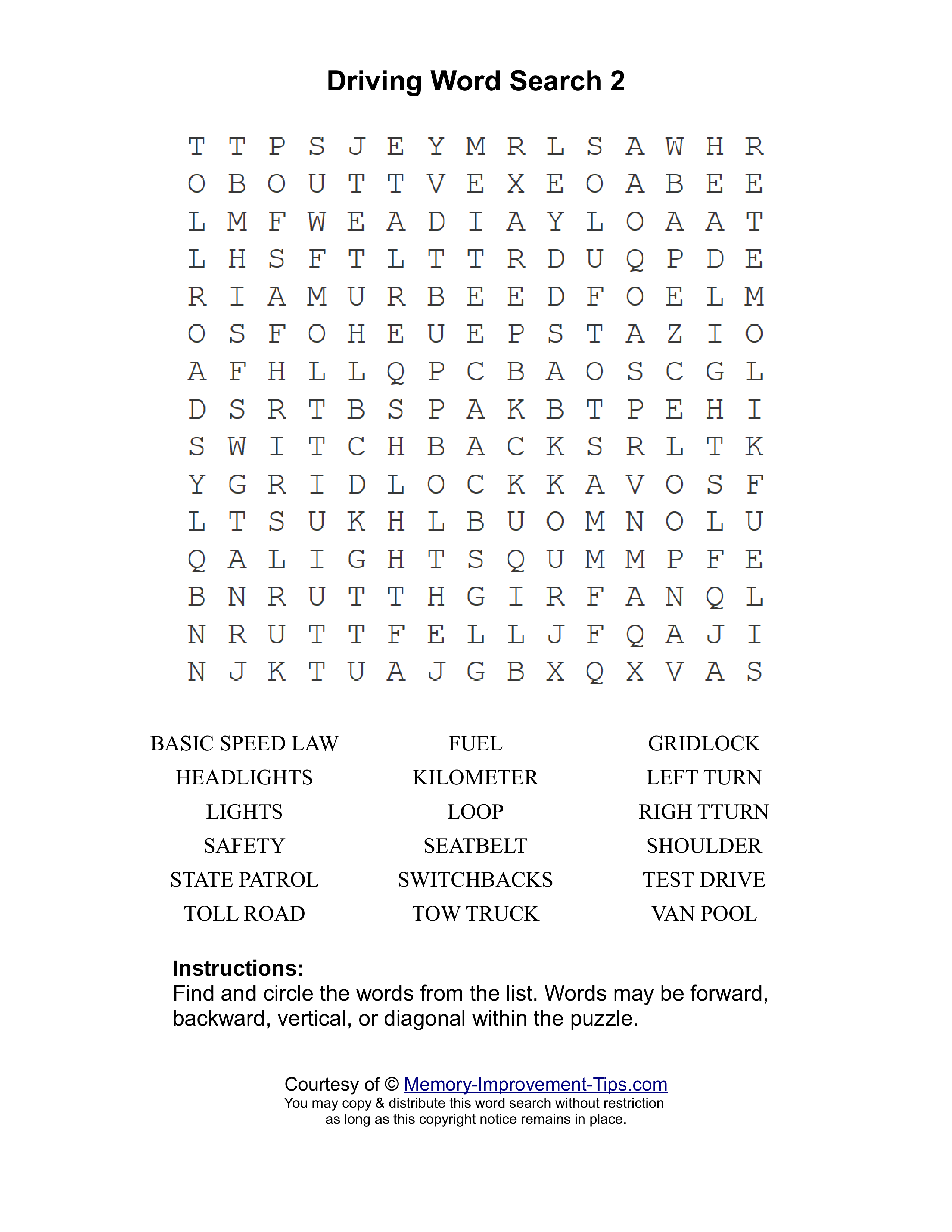 Driving 2 word search printable puzzle