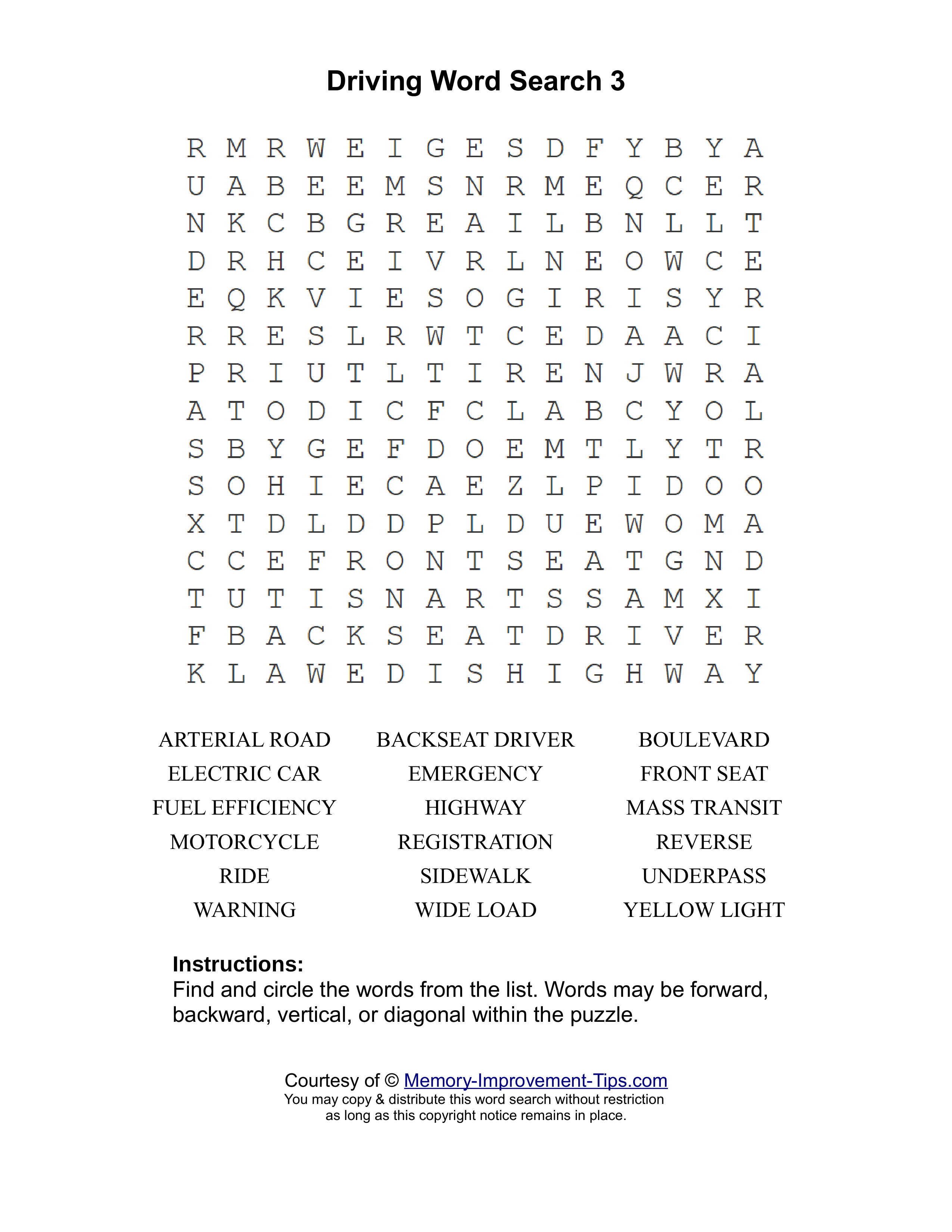 Driving 3 word search printable puzzle