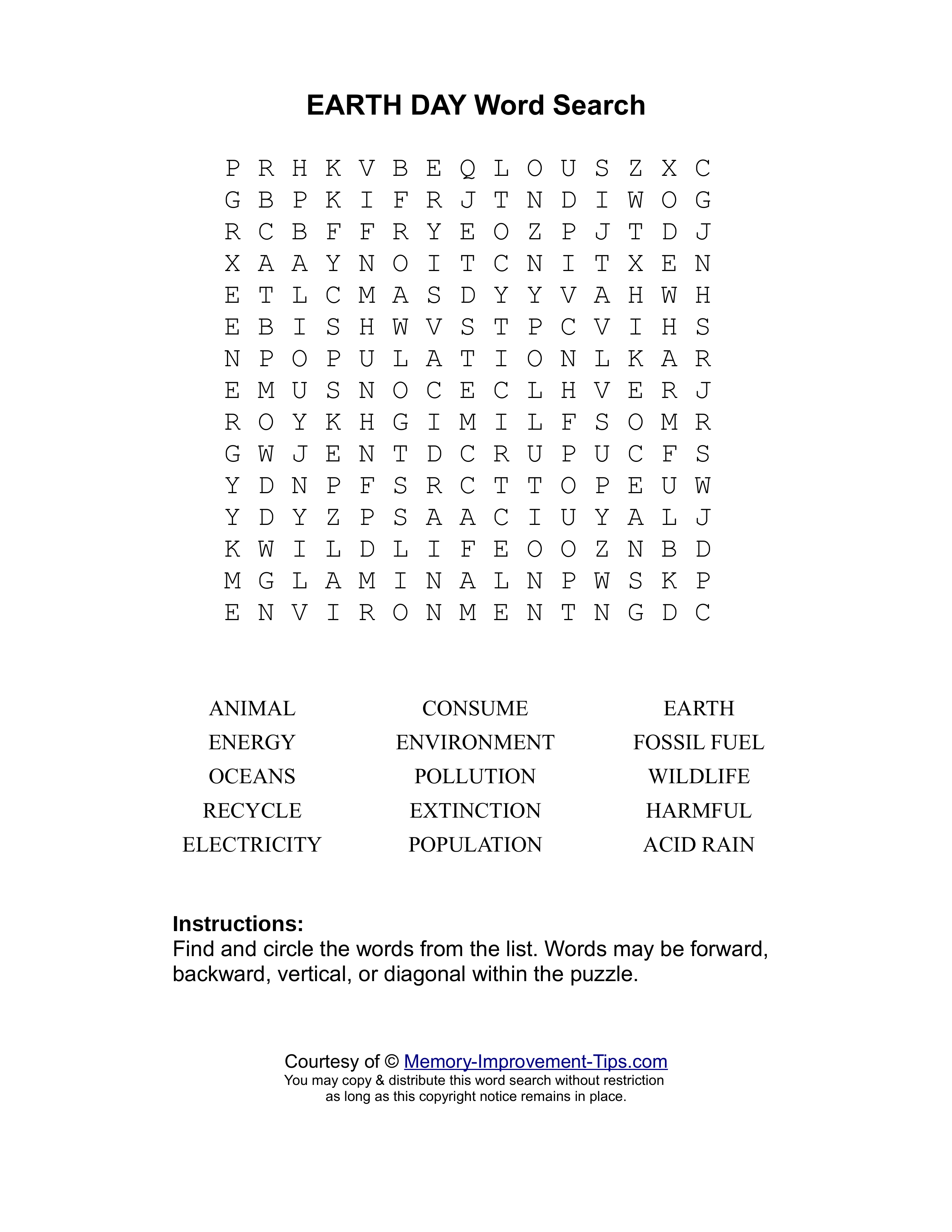 Earth Day word search printable puzzle