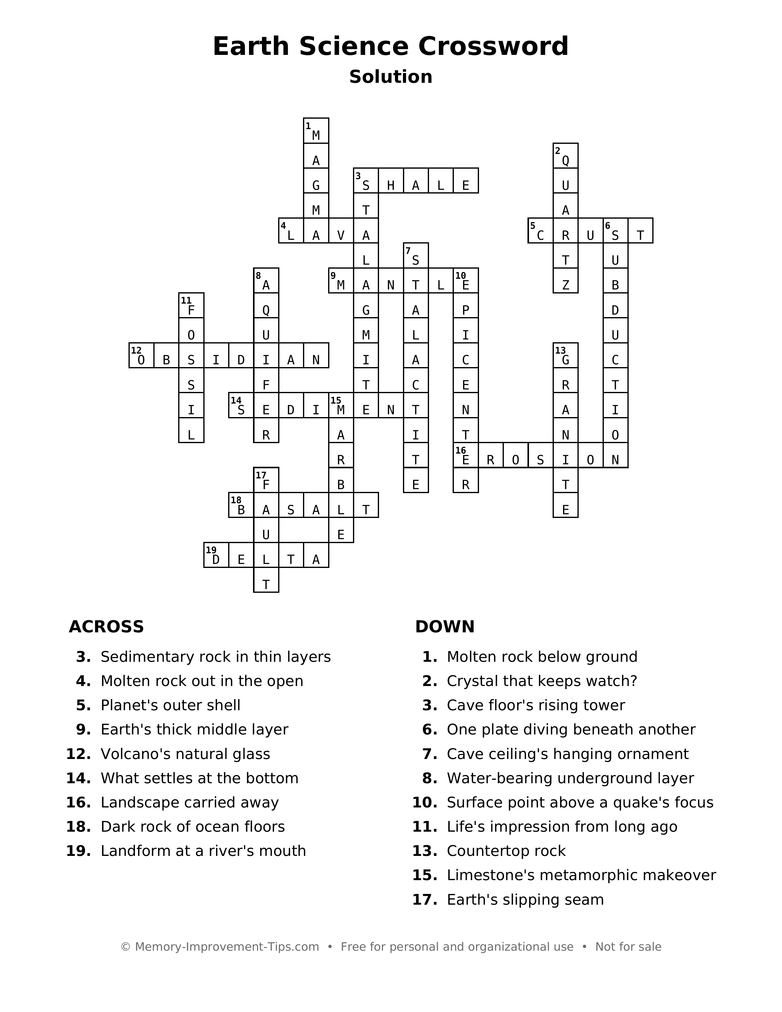 Answer key: Earth Science Crossword
