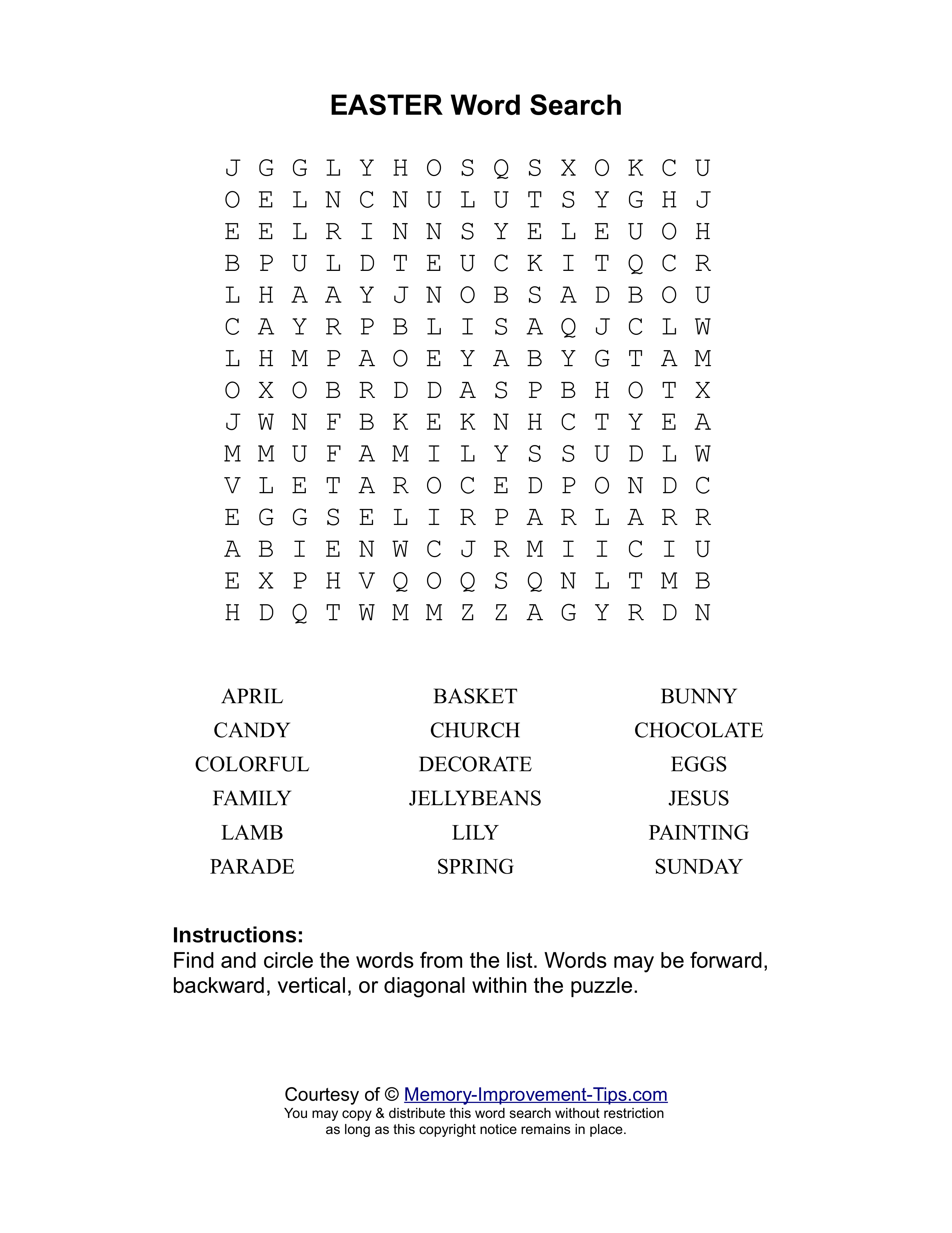 Easter word search printable puzzle