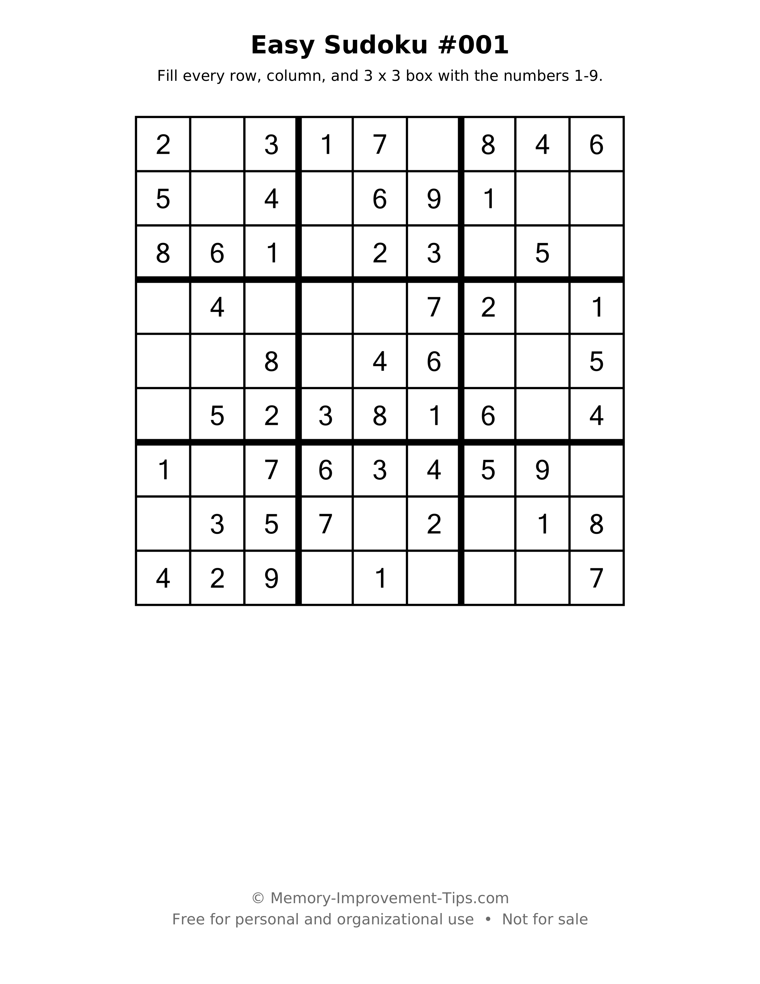 Printable puzzle: Easy Sudoku #001