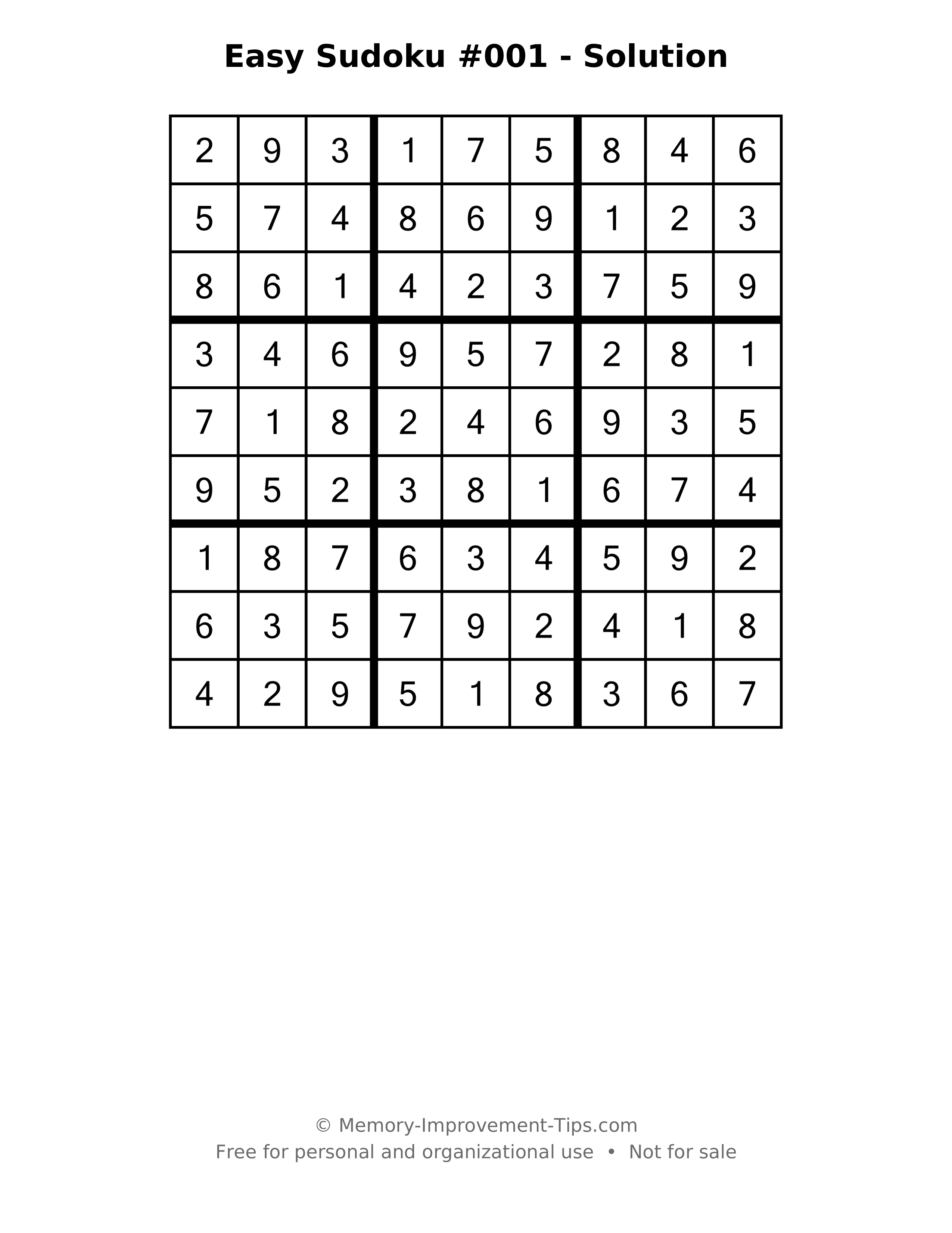 Printable solution: Easy Sudoku #001 - Solution