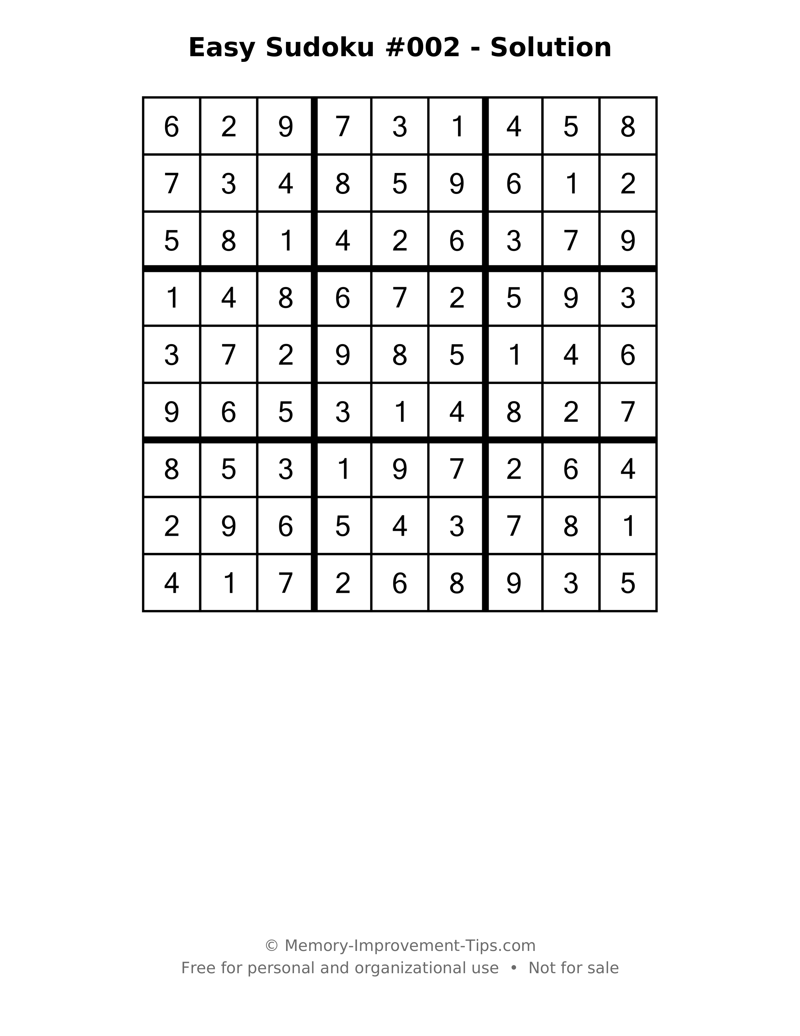 Printable solution: Easy Sudoku #002 - Solution