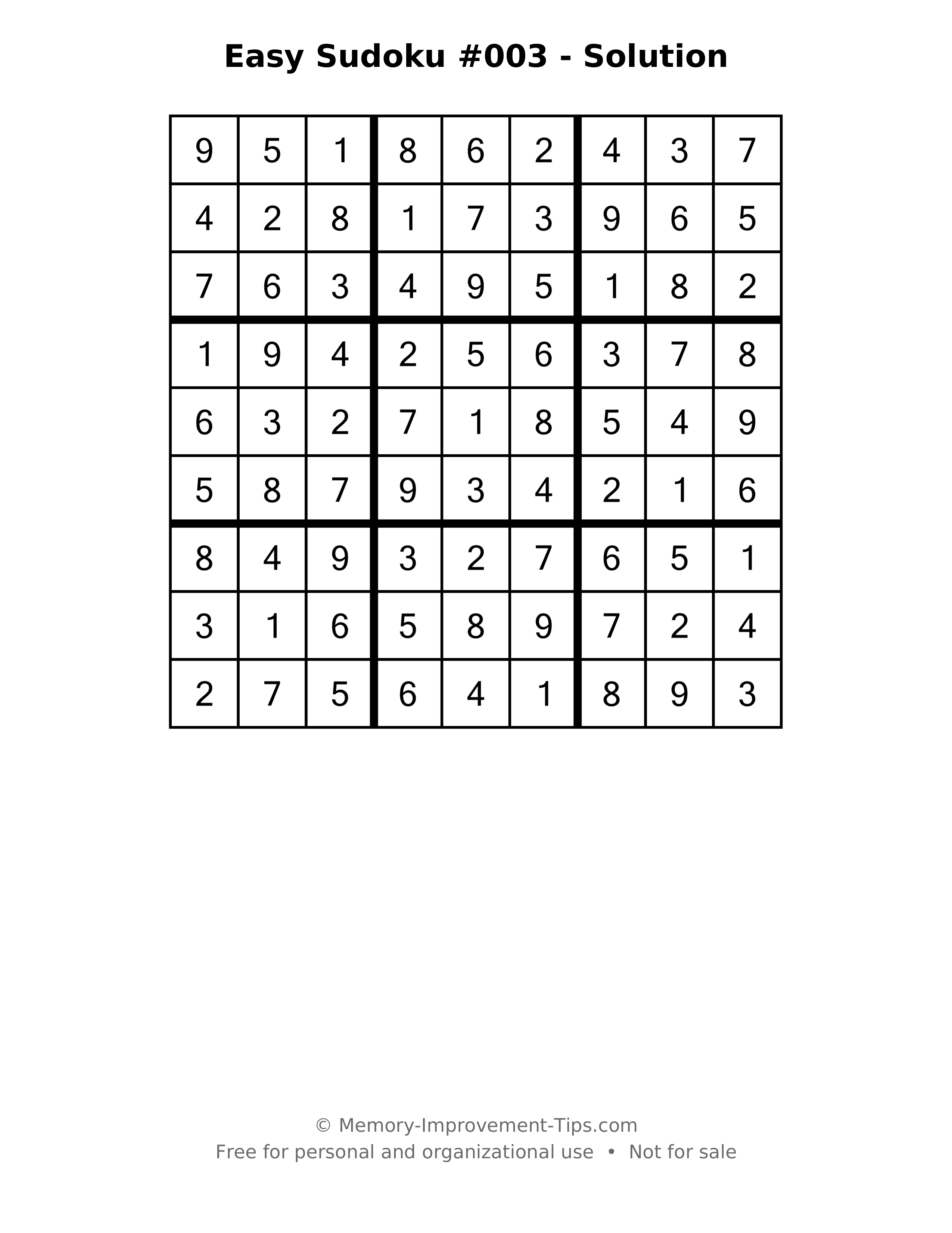 Printable solution: Easy Sudoku #003 - Solution