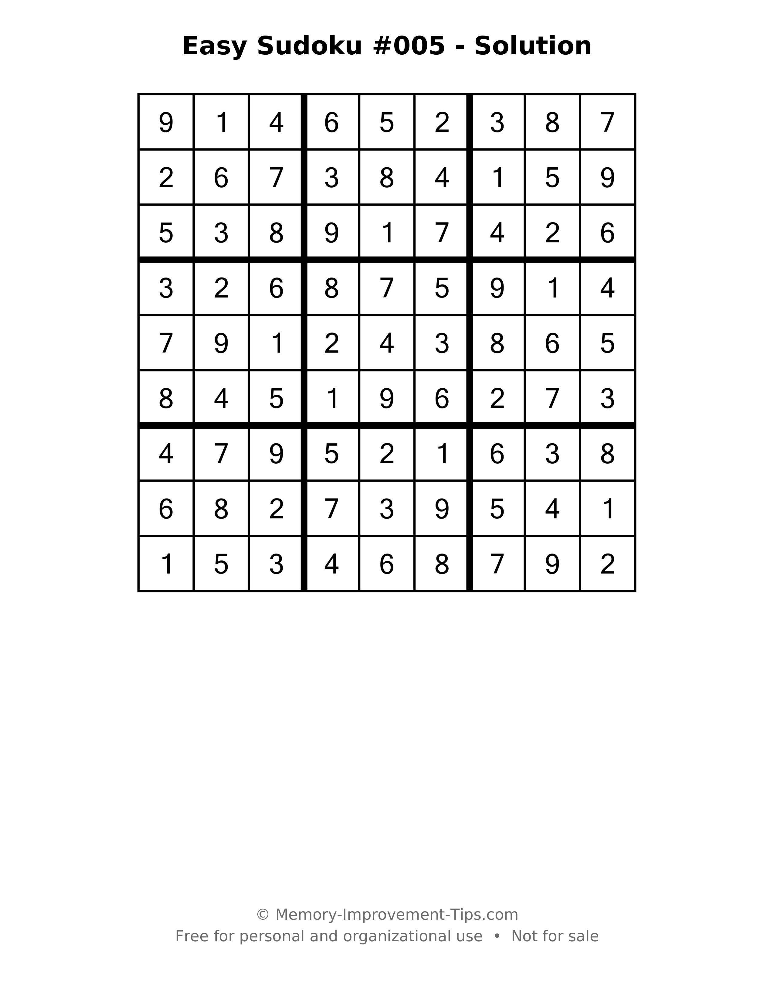 Printable solution: Easy Sudoku #005 - Solution
