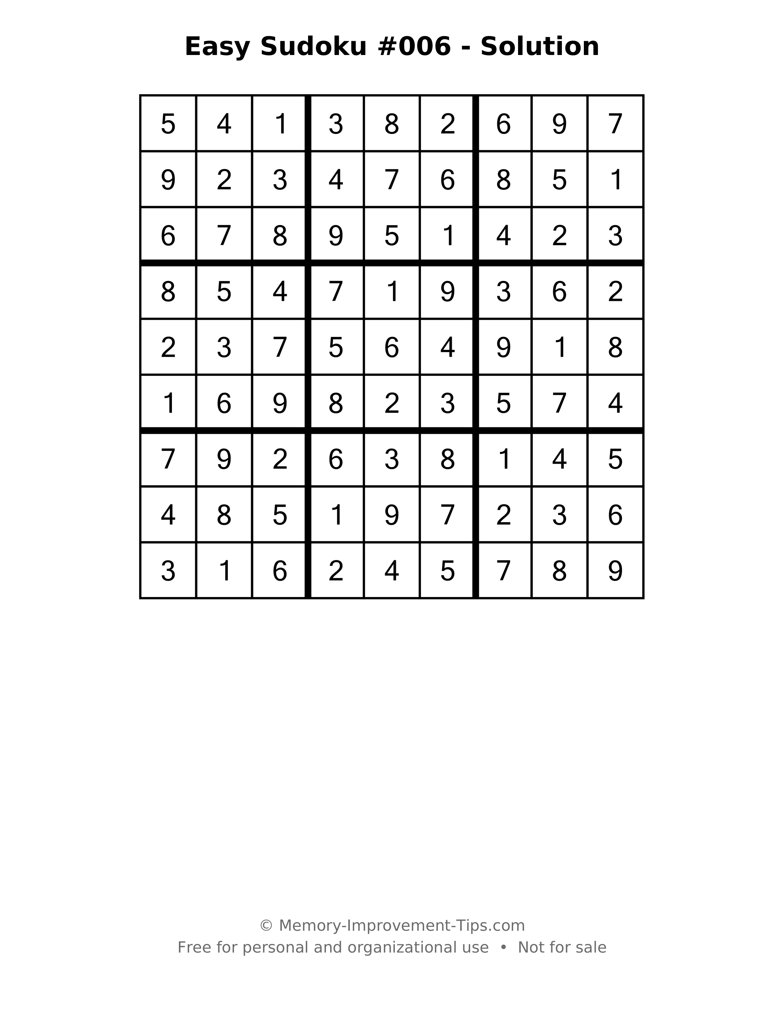 Printable solution: Easy Sudoku #006 - Solution