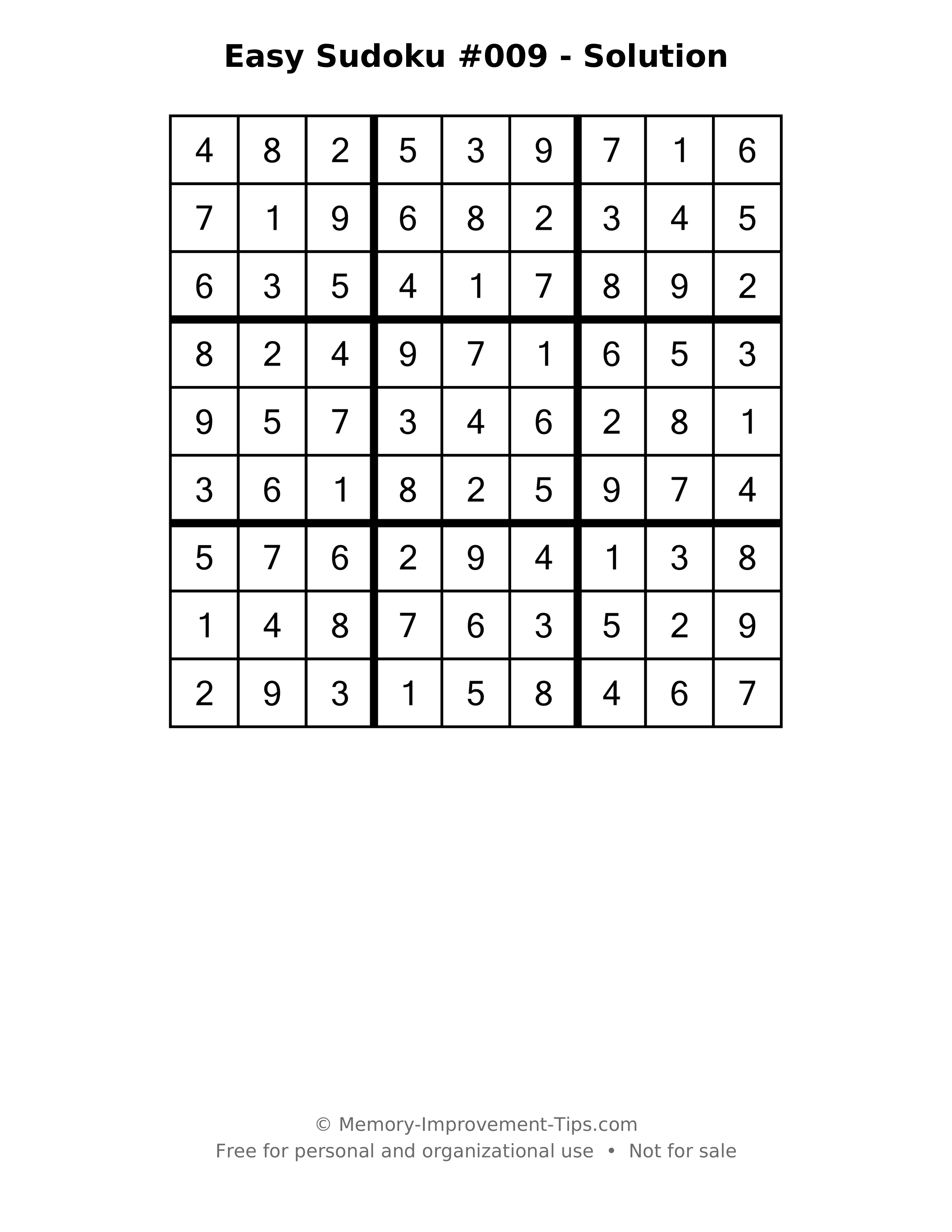 Printable solution: Easy Sudoku #009 - Solution