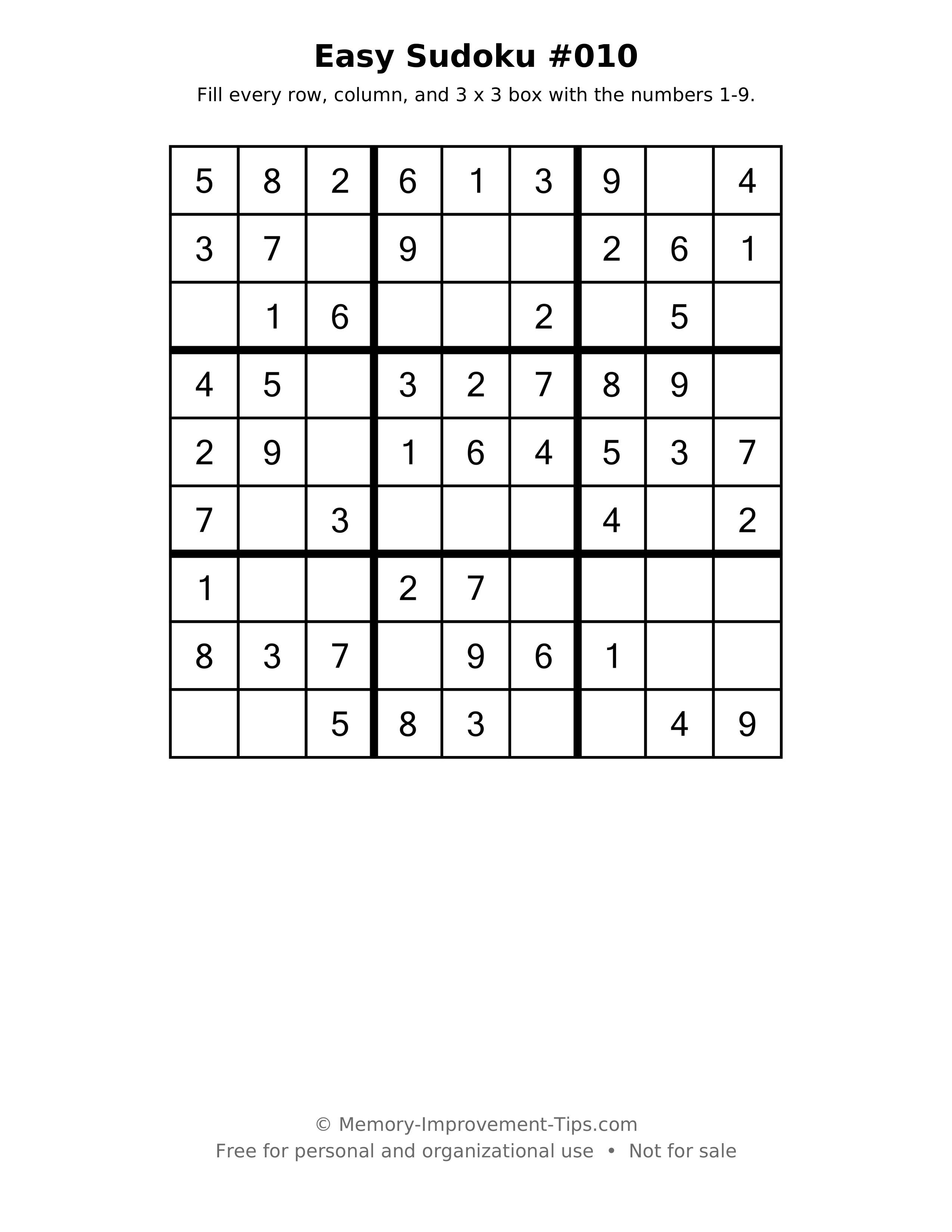 Printable puzzle: Easy Sudoku #010