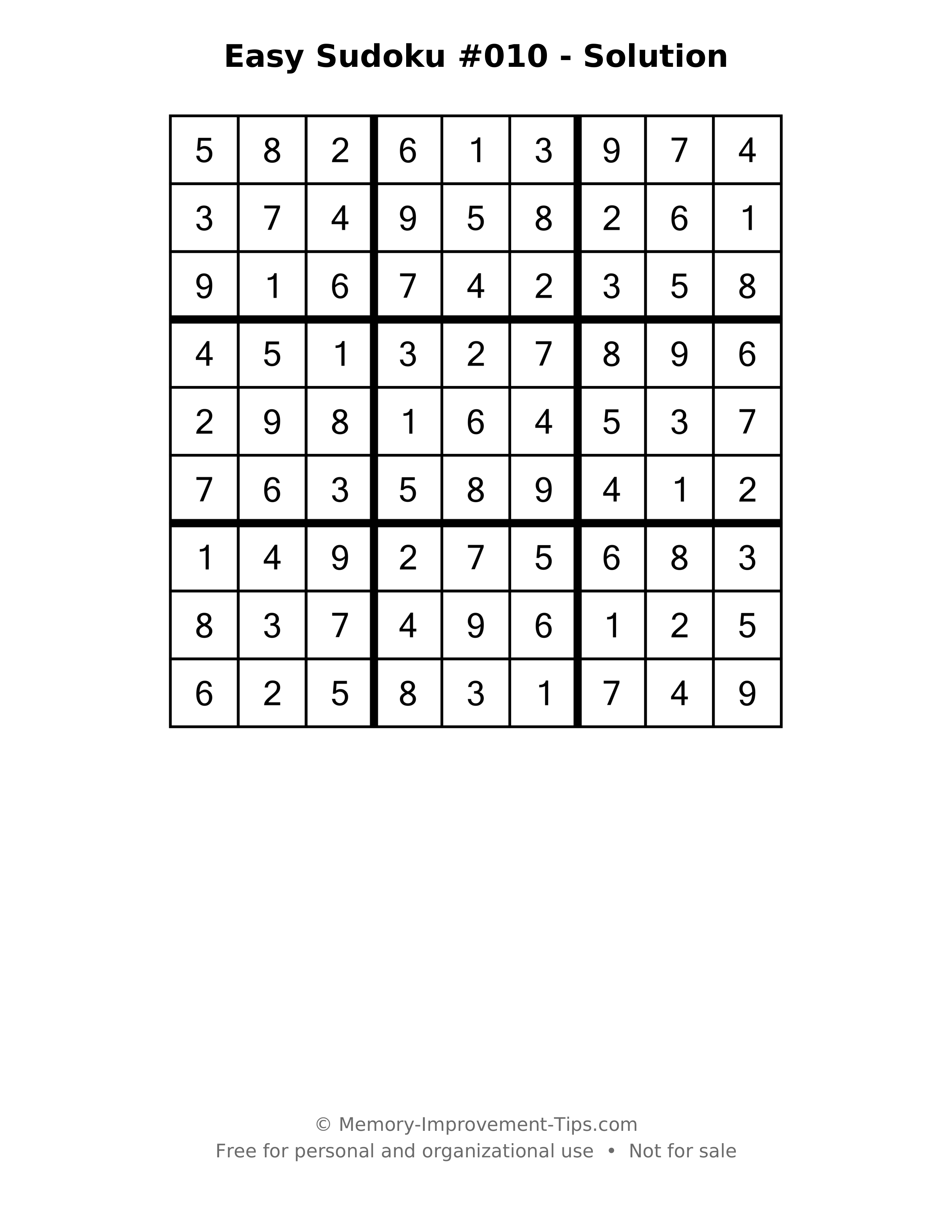 Printable solution: Easy Sudoku #010 - Solution