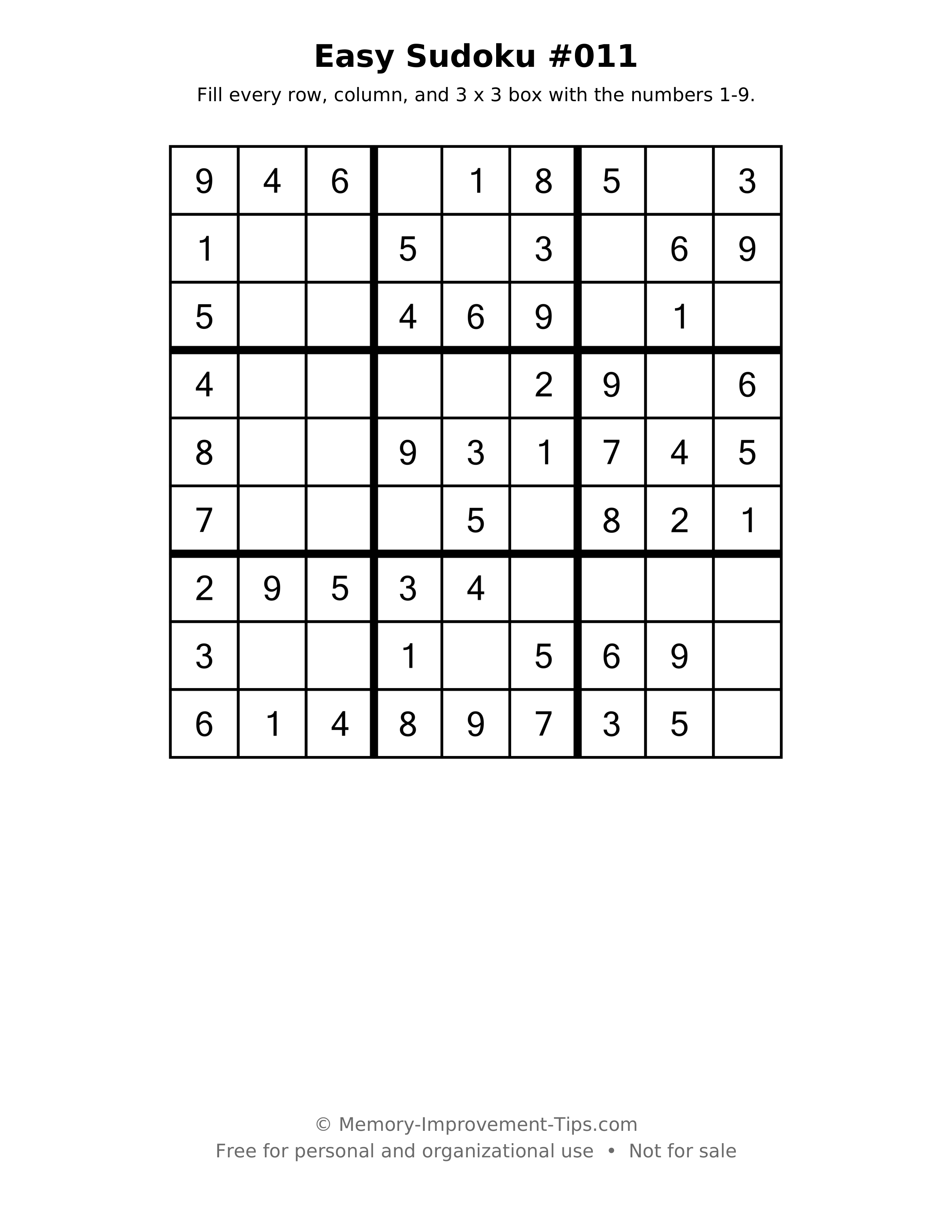 Printable puzzle: Easy Sudoku #011