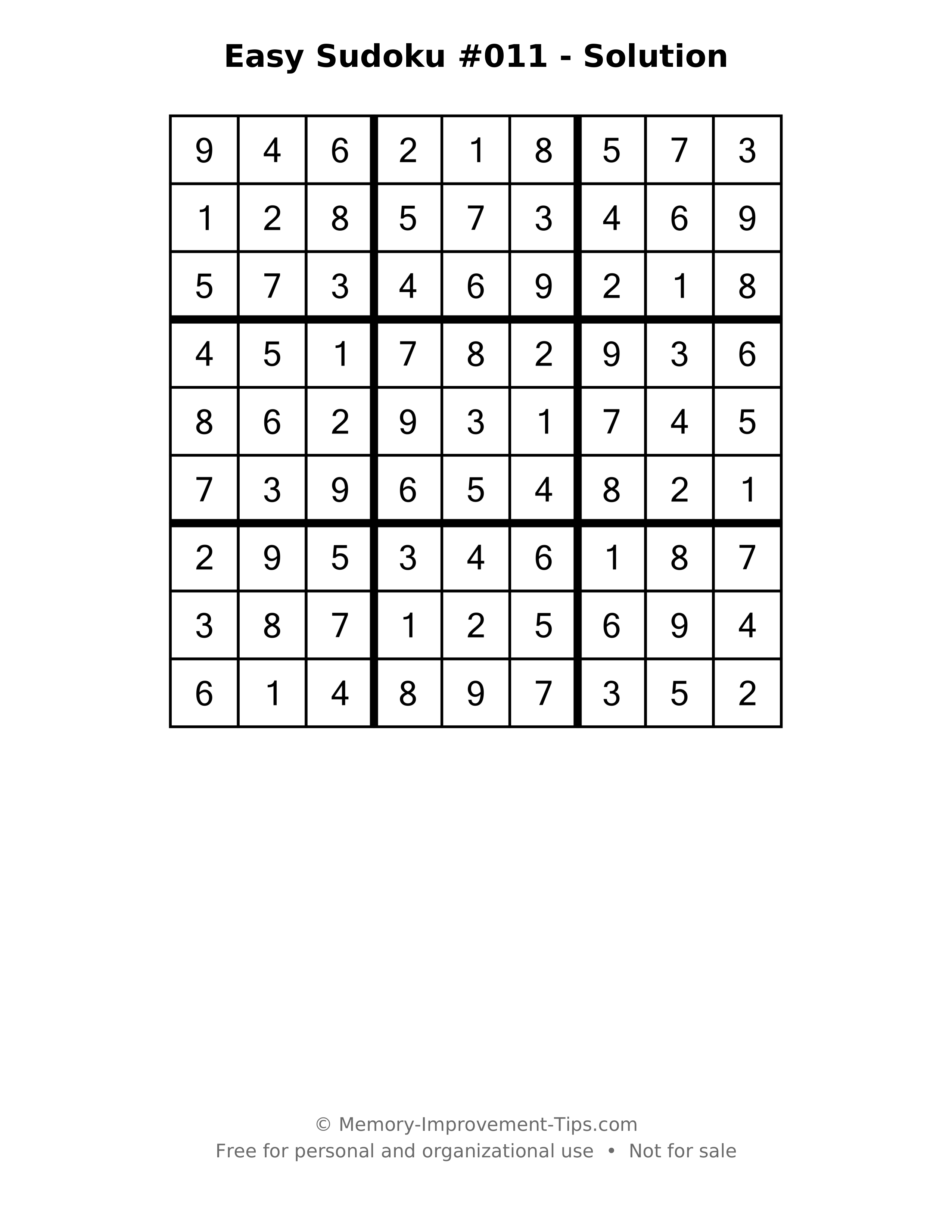 Printable solution: Easy Sudoku #011 - Solution