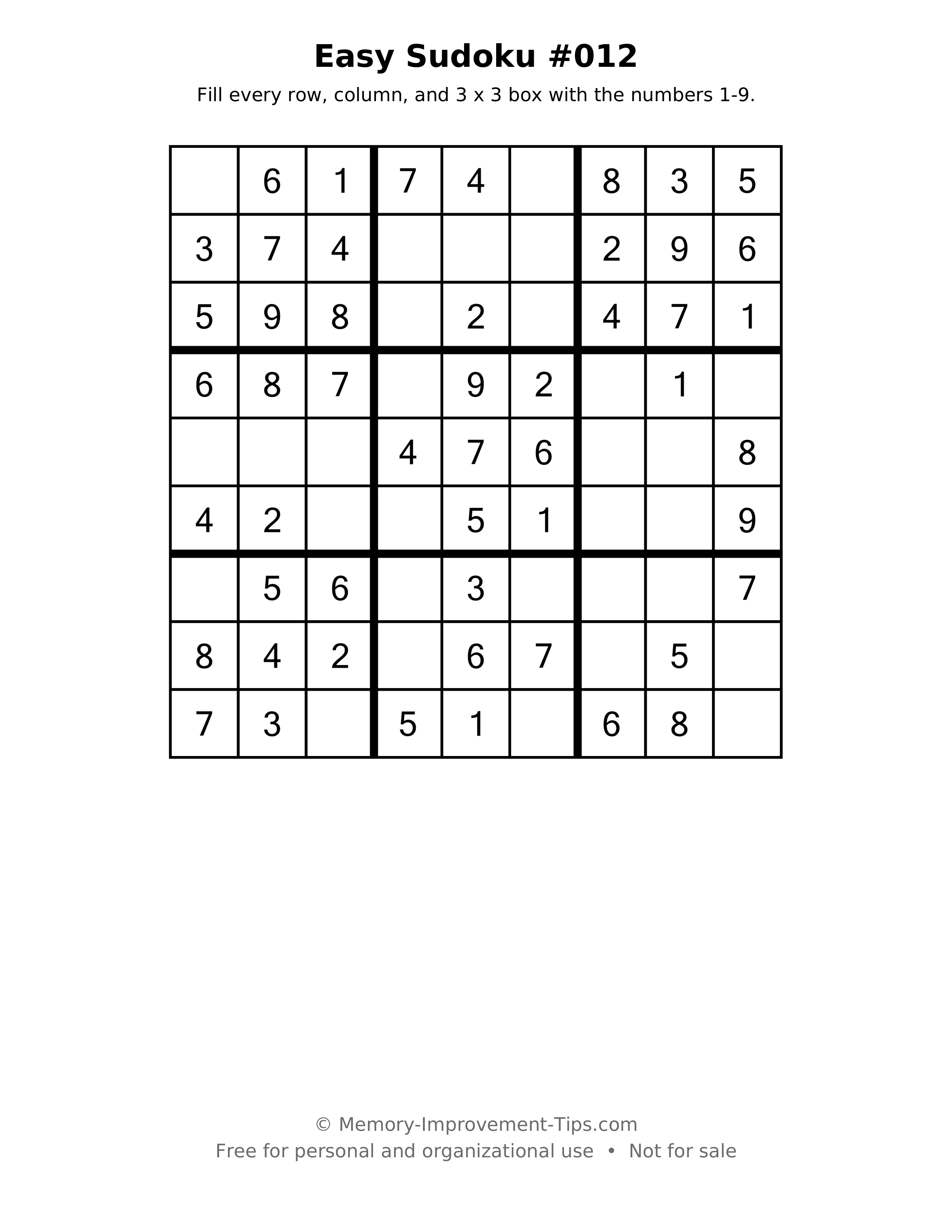Printable puzzle: Easy Sudoku #012