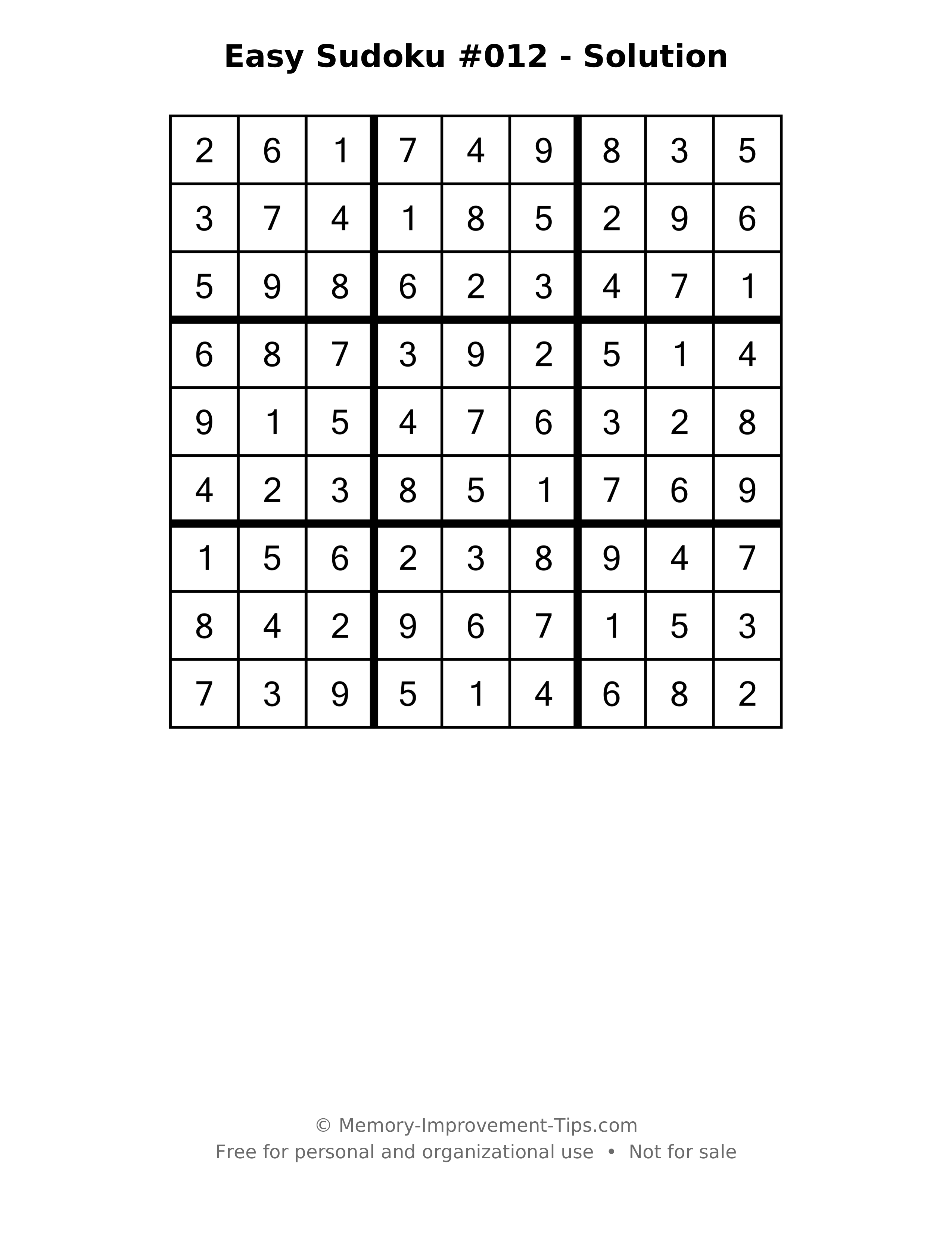 Printable solution: Easy Sudoku #012 - Solution