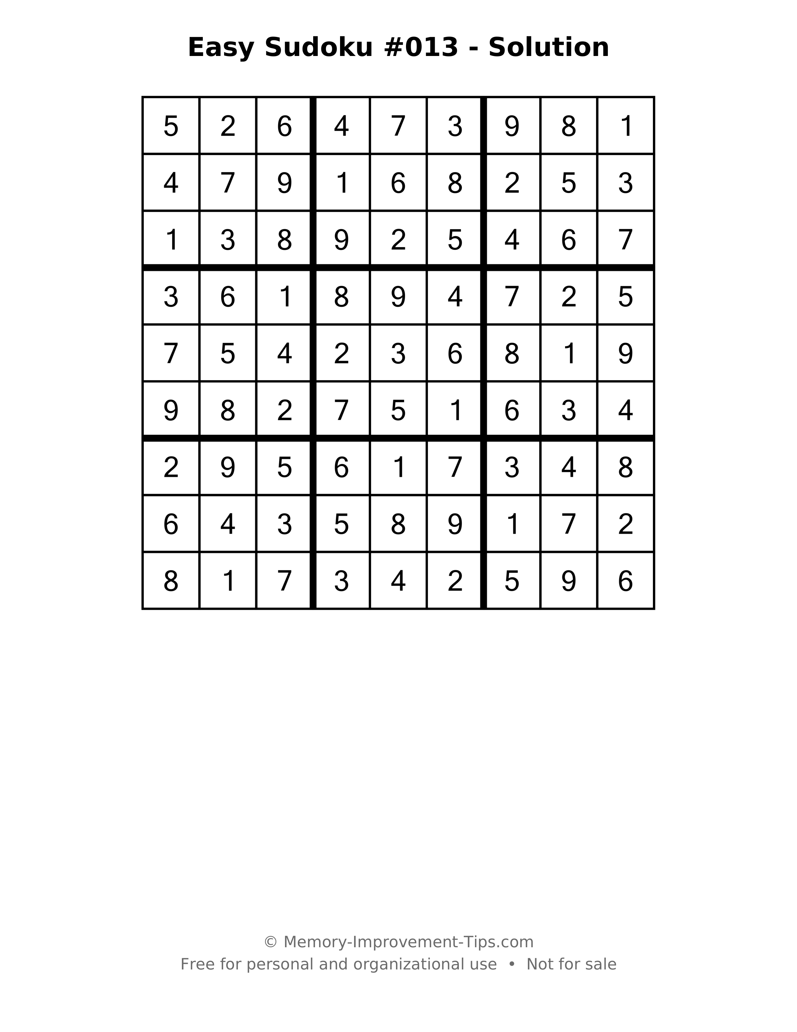 Printable solution: Easy Sudoku #013 - Solution