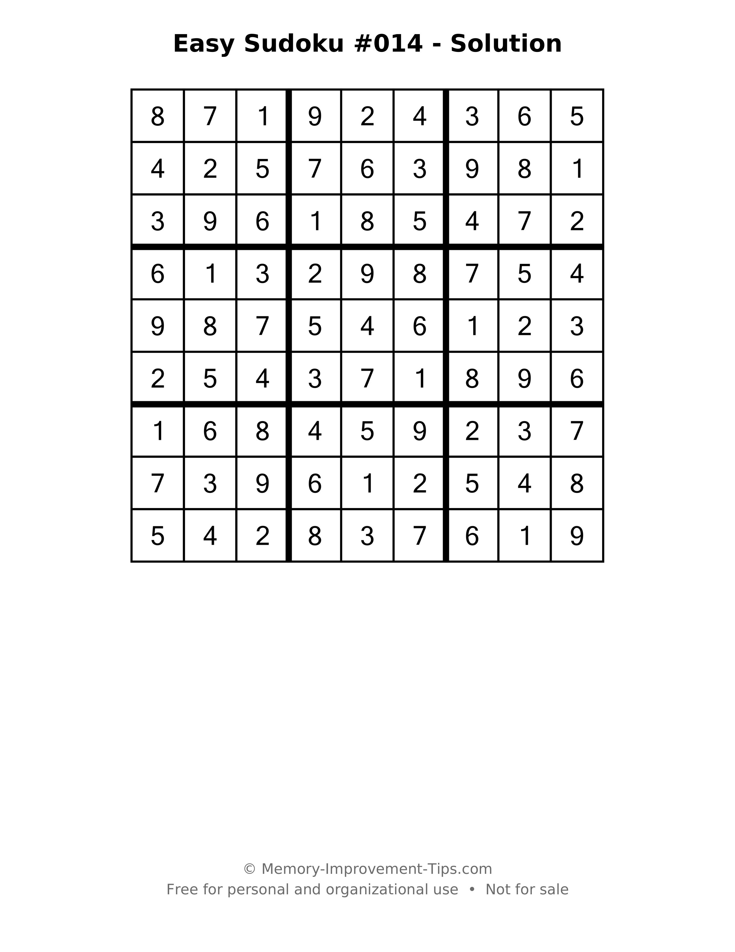 Printable solution: Easy Sudoku #014 - Solution
