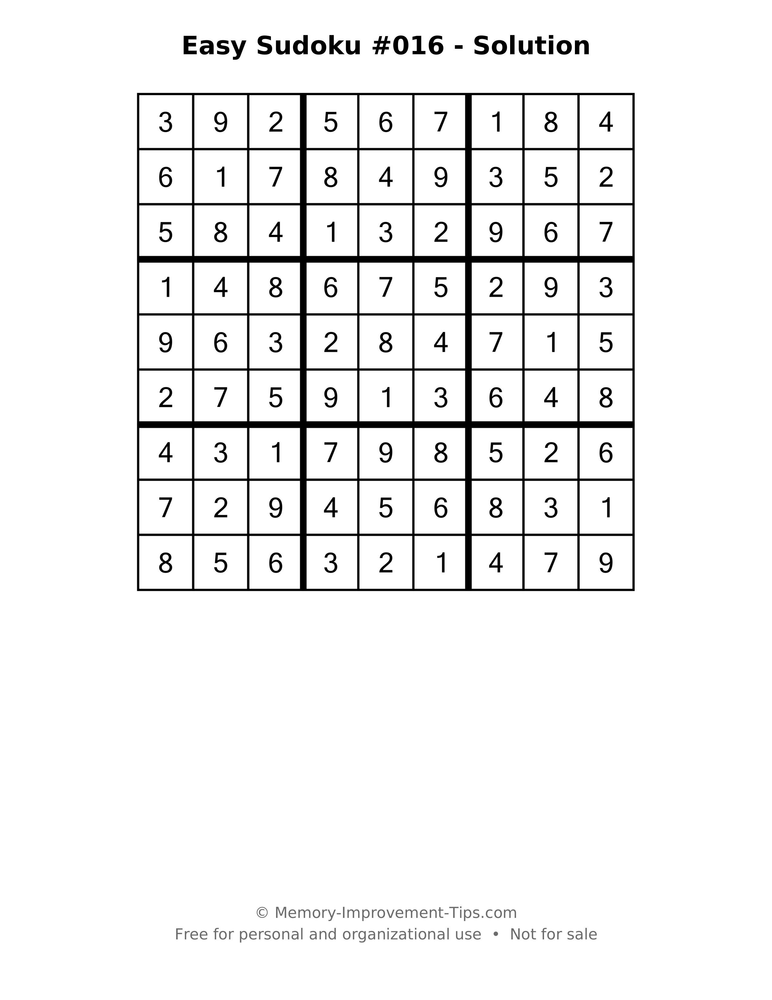 Printable solution: Easy Sudoku #016 - Solution