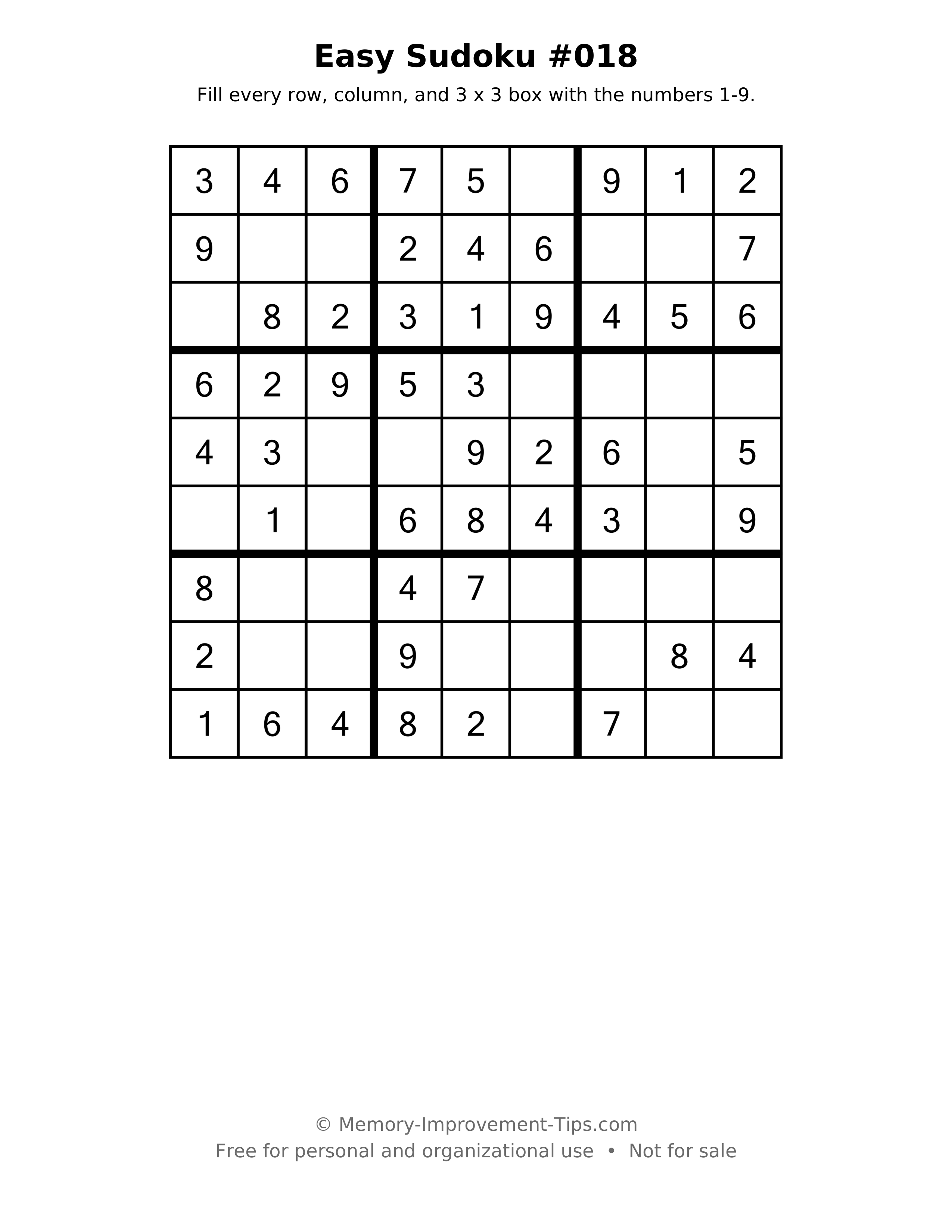 Printable puzzle: Easy Sudoku #018