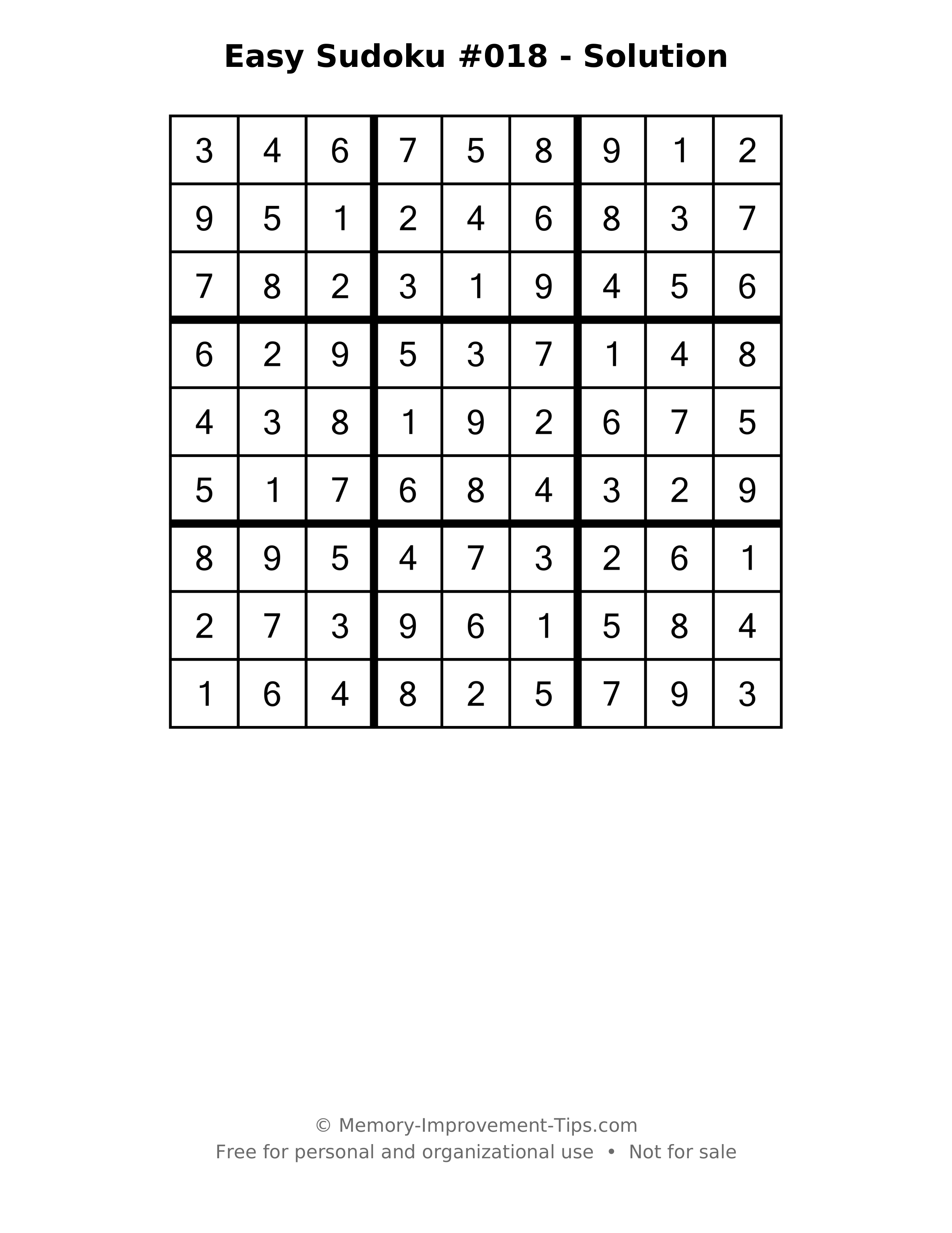 Printable solution: Easy Sudoku #018 - Solution