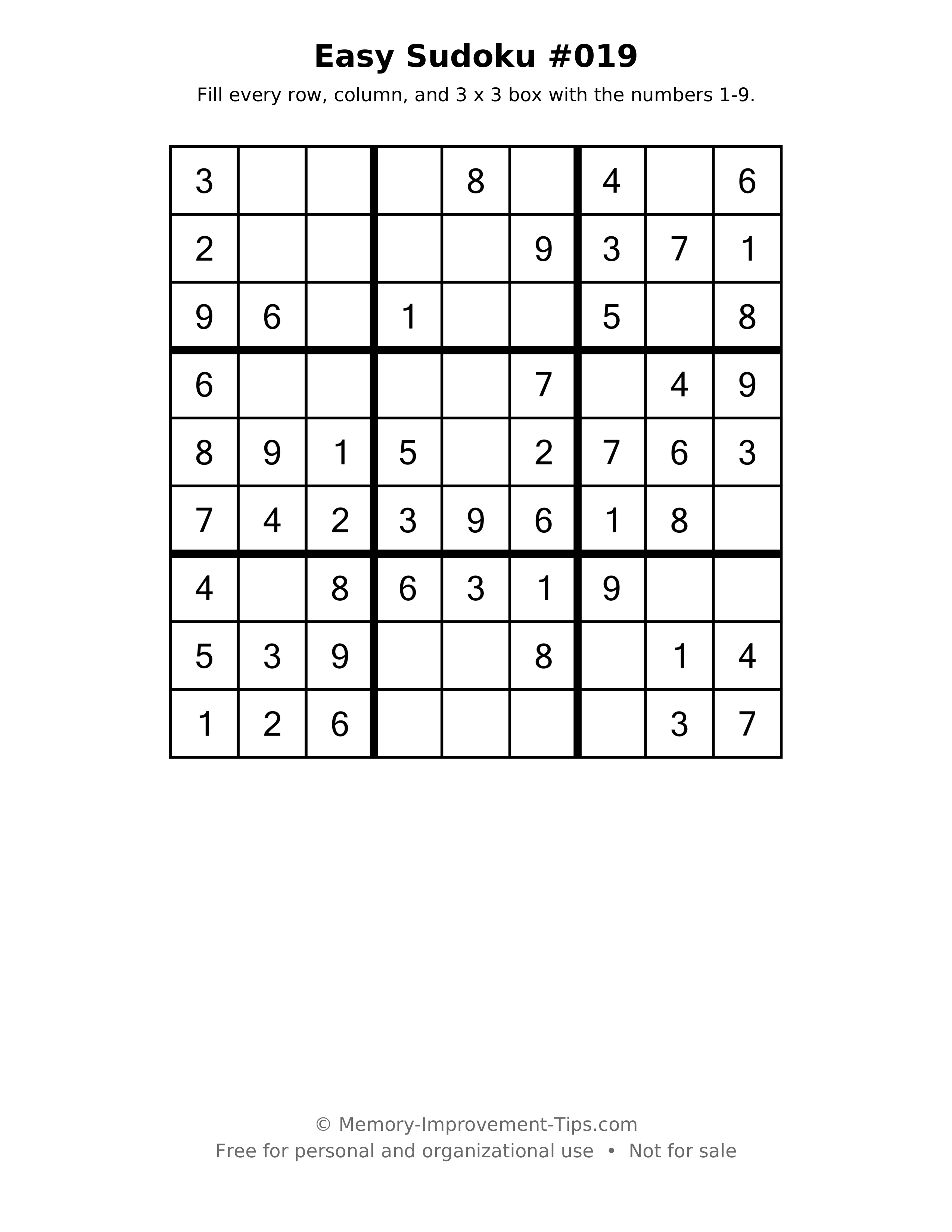 Printable puzzle: Easy Sudoku #019