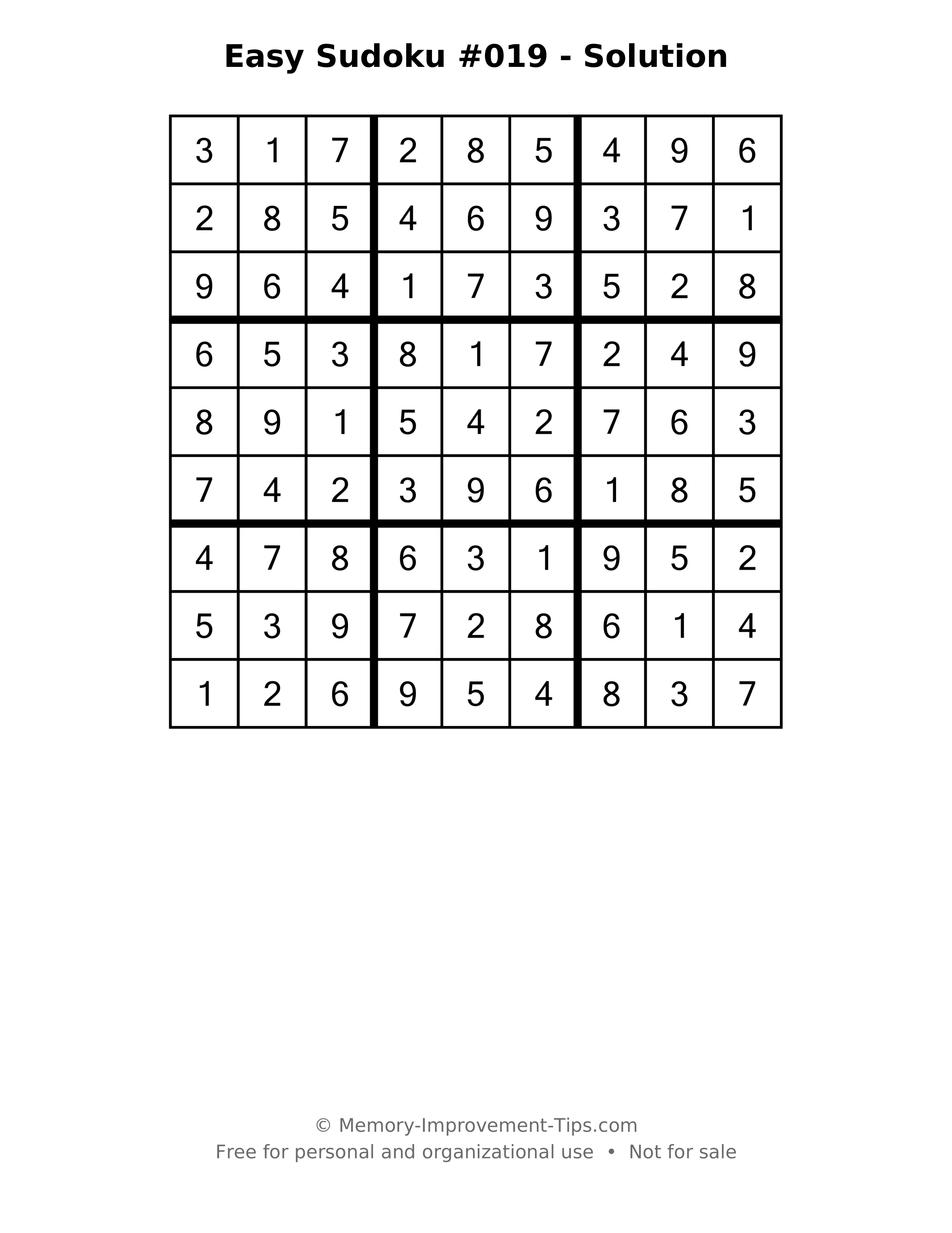 Printable solution: Easy Sudoku #019 - Solution