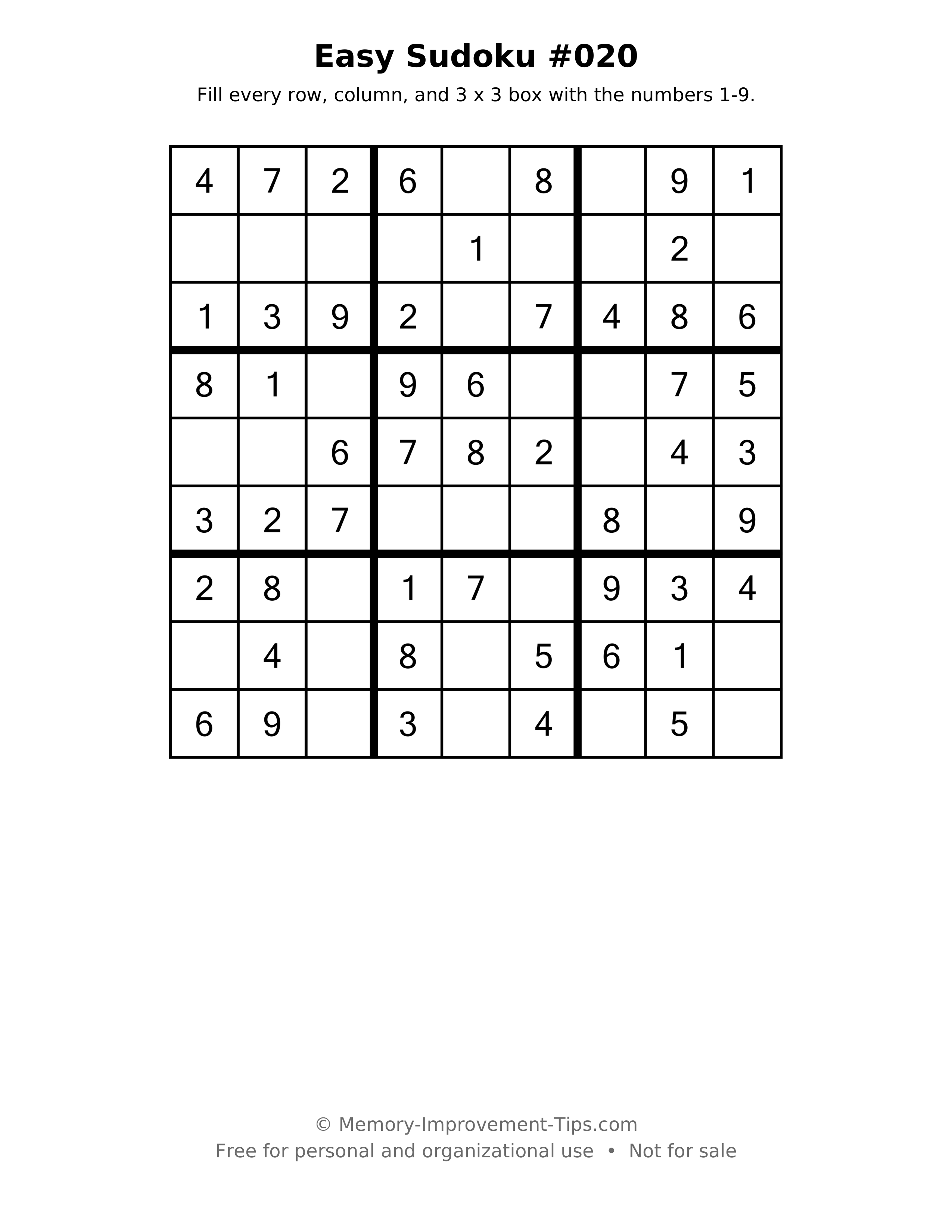 Printable puzzle: Easy Sudoku #020