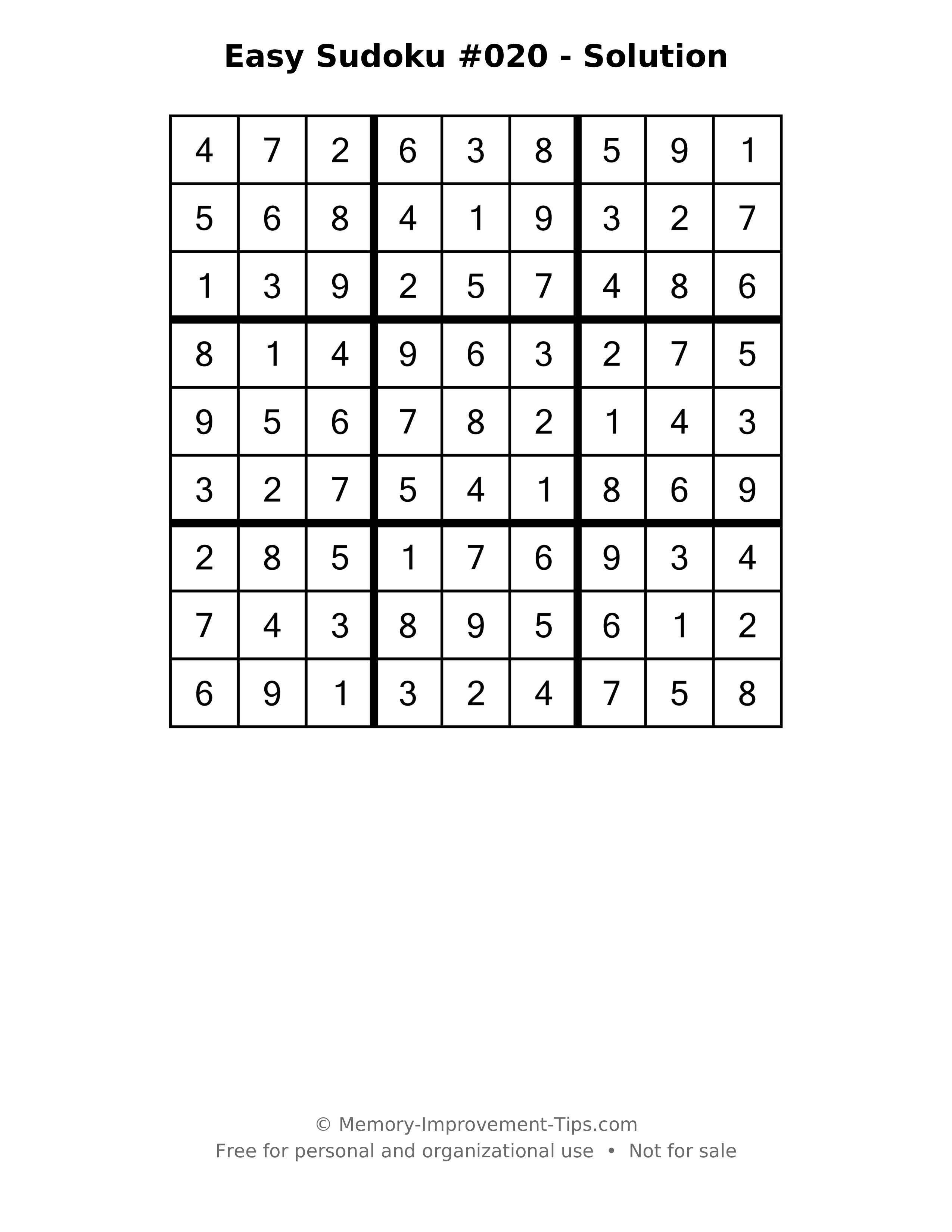Printable solution: Easy Sudoku #020 - Solution