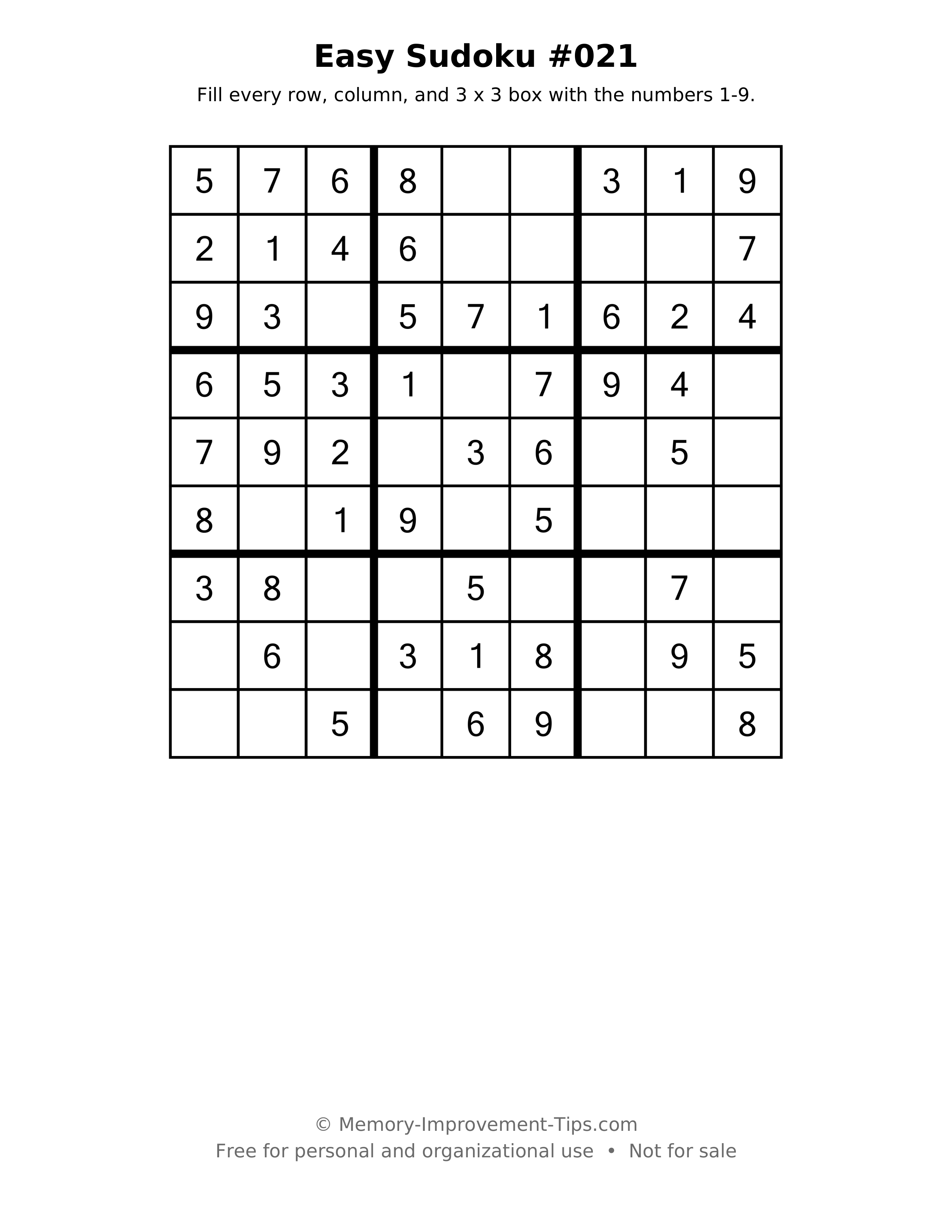 Printable puzzle: Easy Sudoku #021