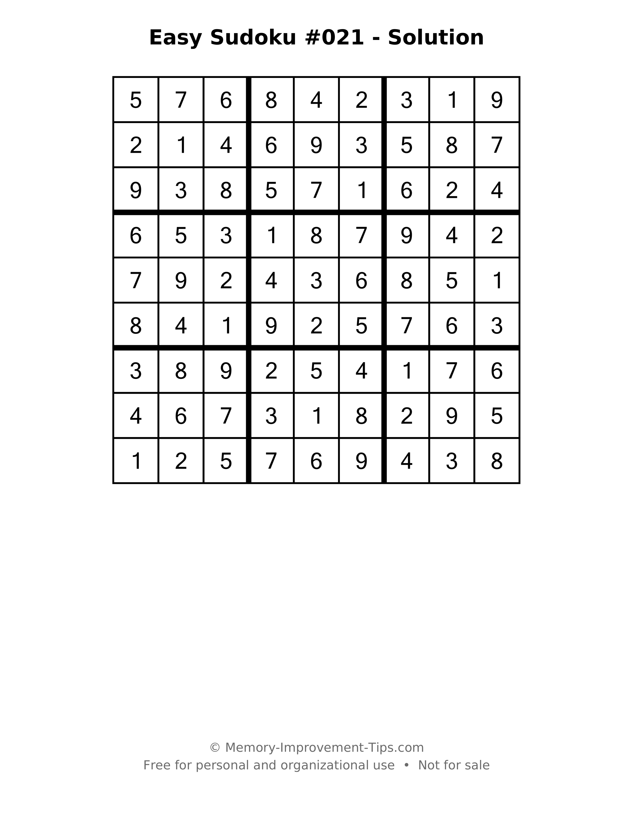 Printable solution: Easy Sudoku #021 - Solution