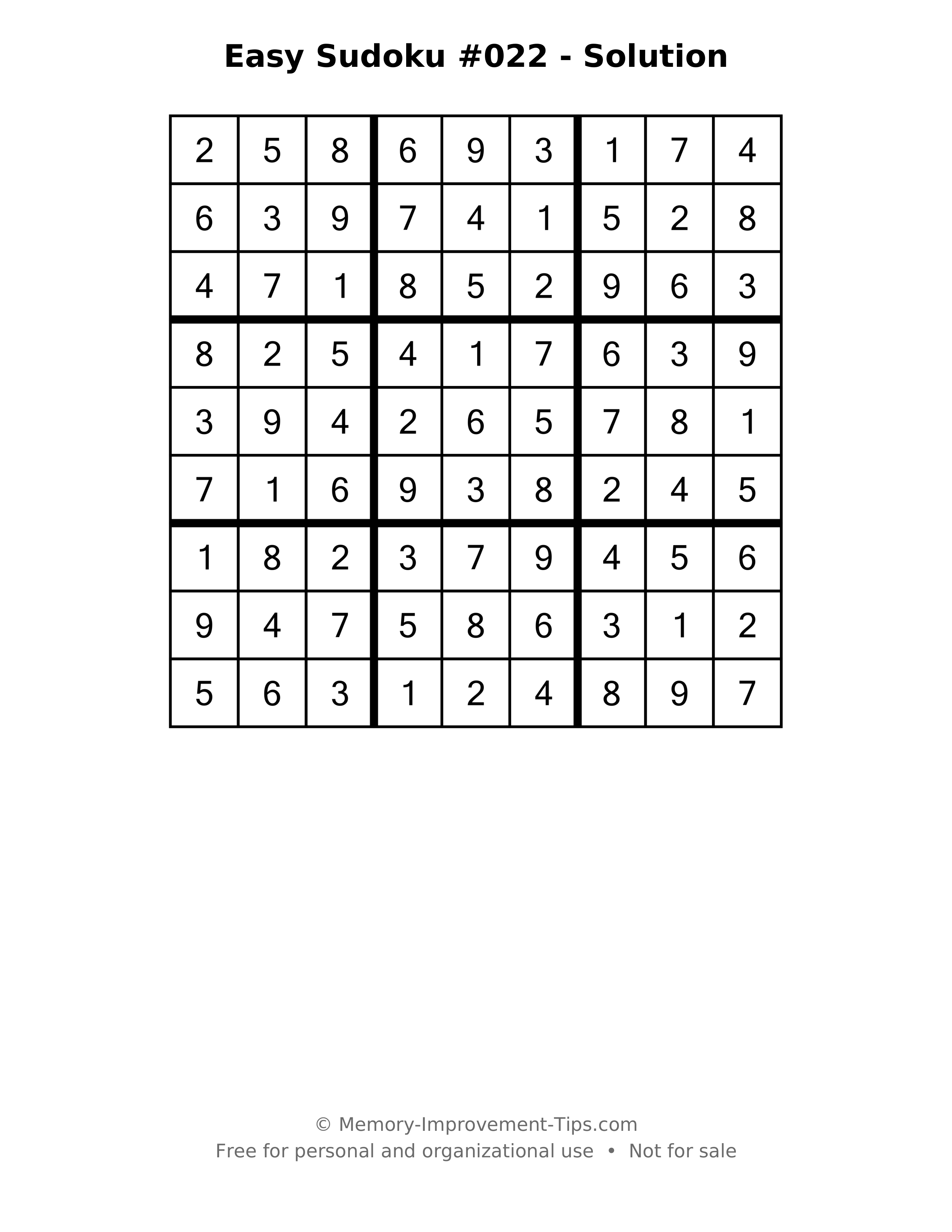 Printable solution: Easy Sudoku #022 - Solution