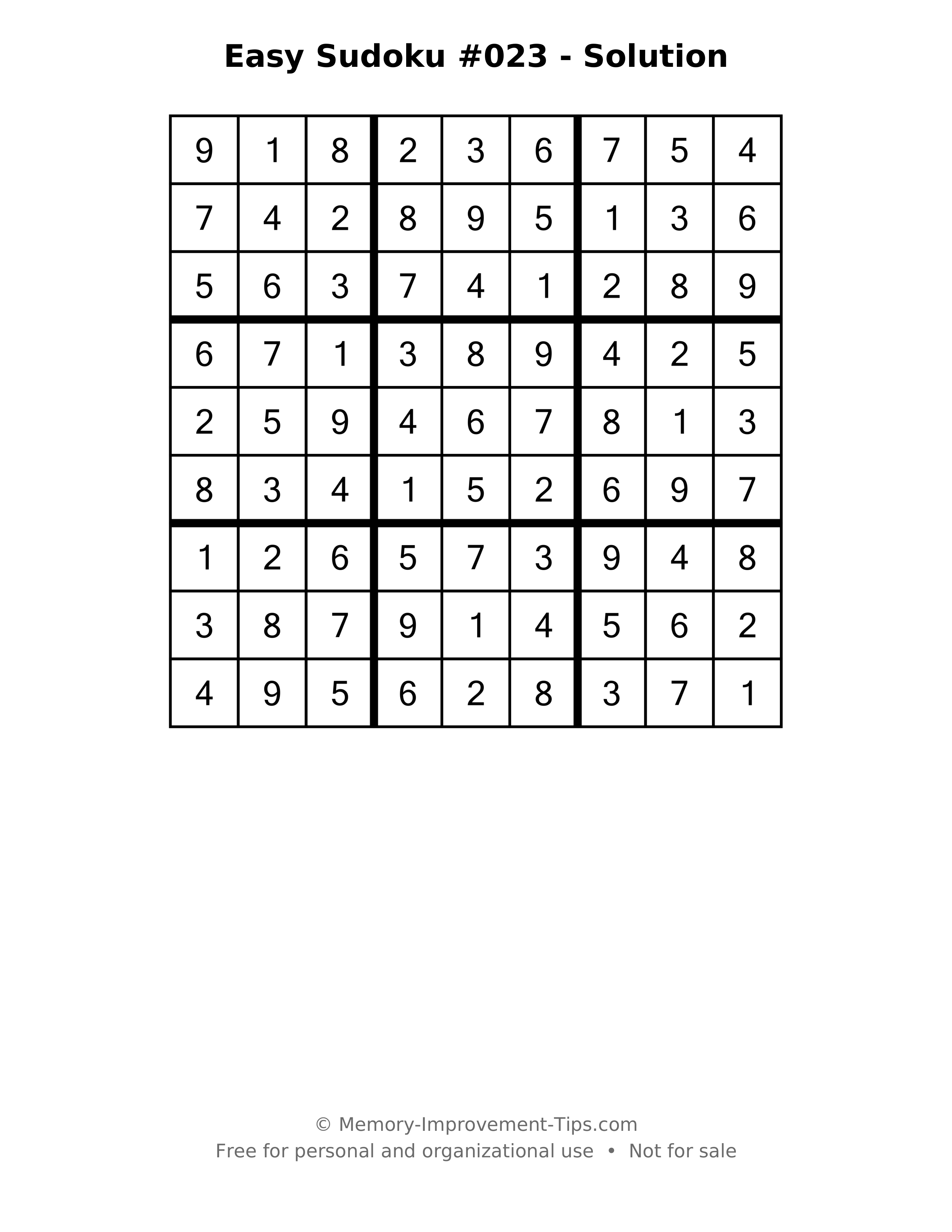 Printable solution: Easy Sudoku #023 - Solution