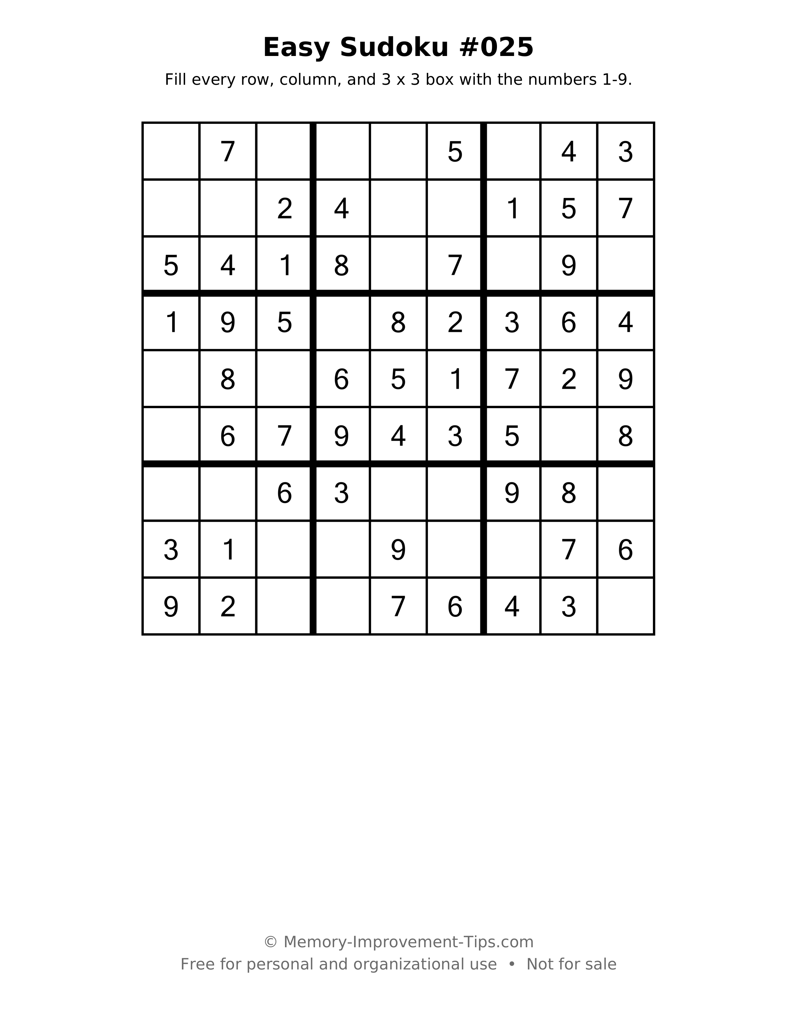 Printable puzzle: Easy Sudoku #025