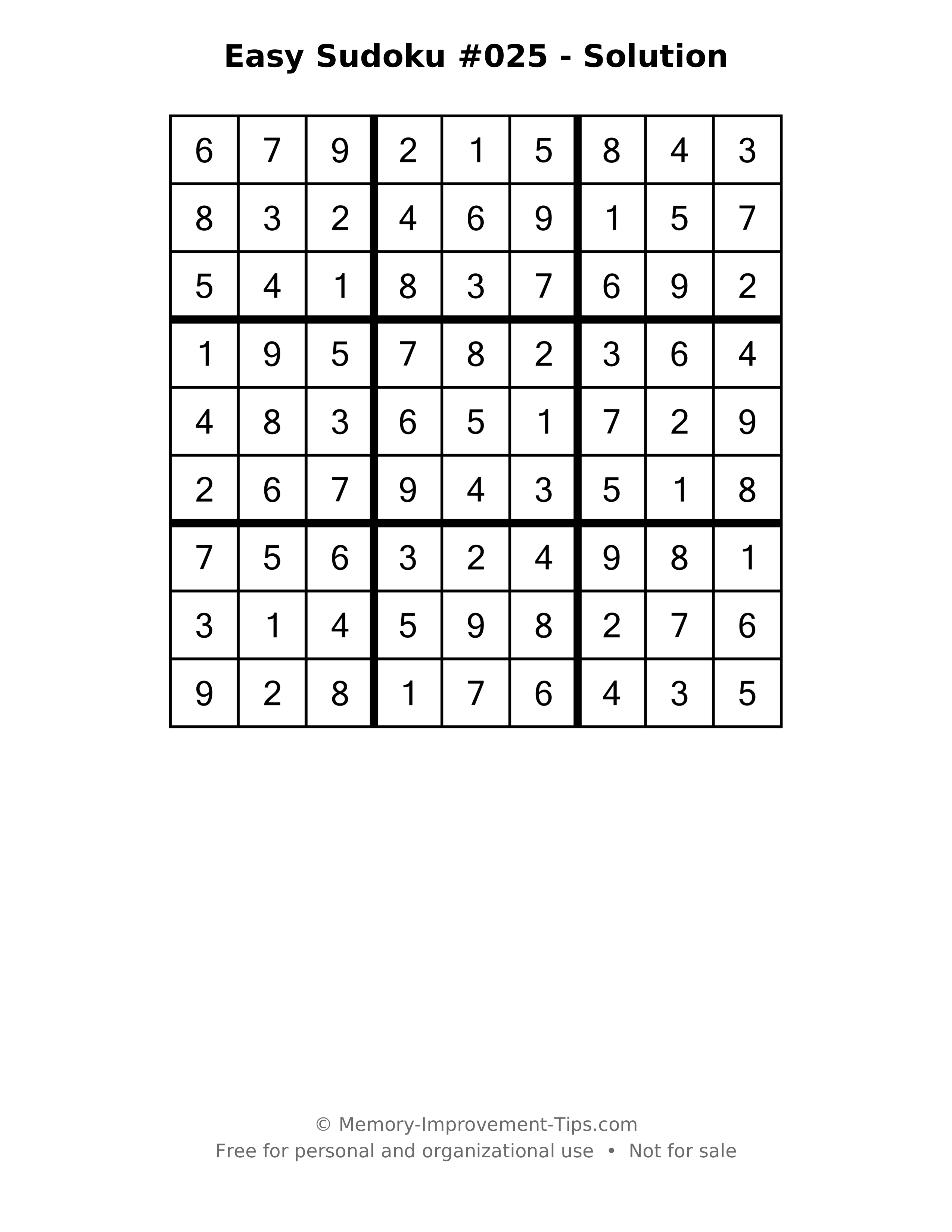Printable solution: Easy Sudoku #025 - Solution