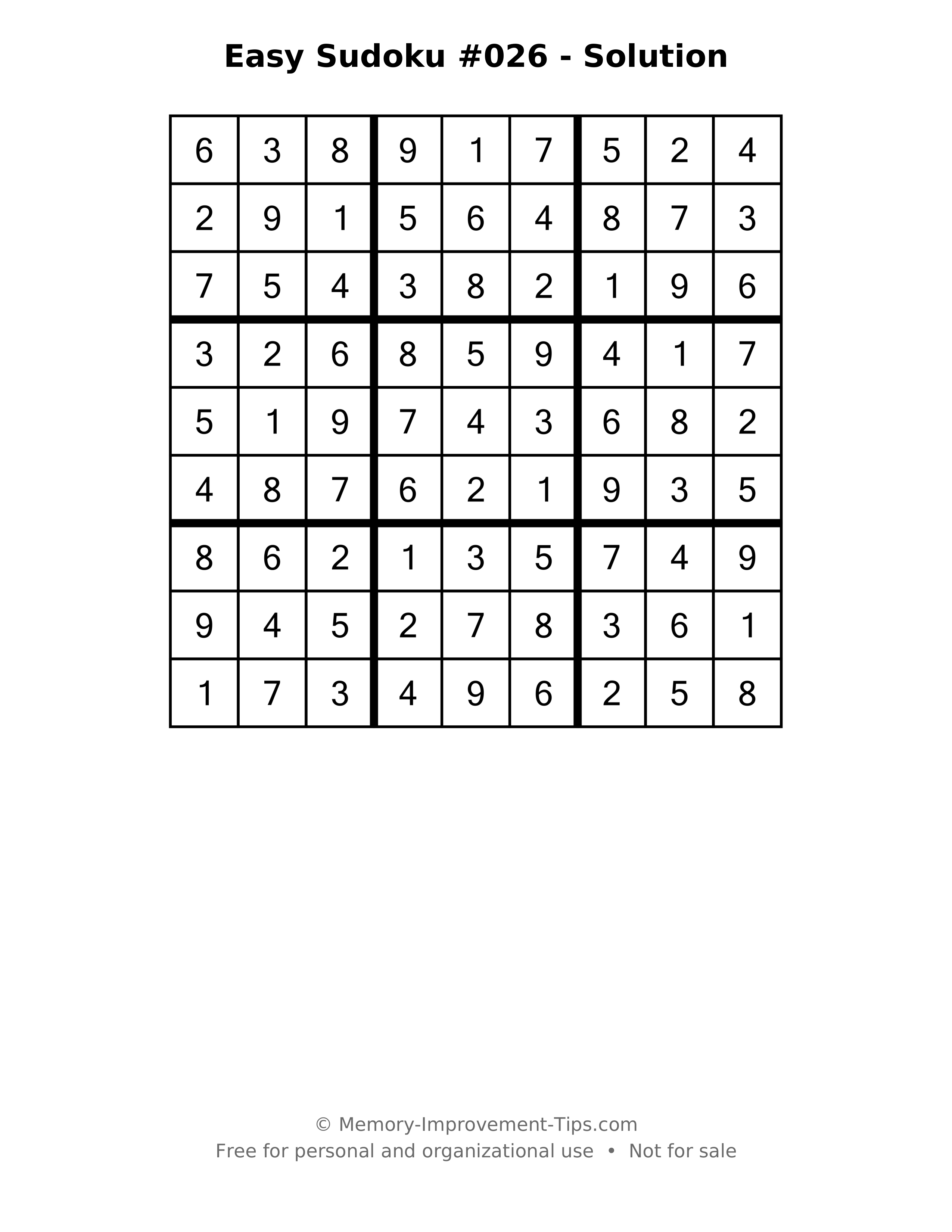 Printable solution: Easy Sudoku #026 - Solution