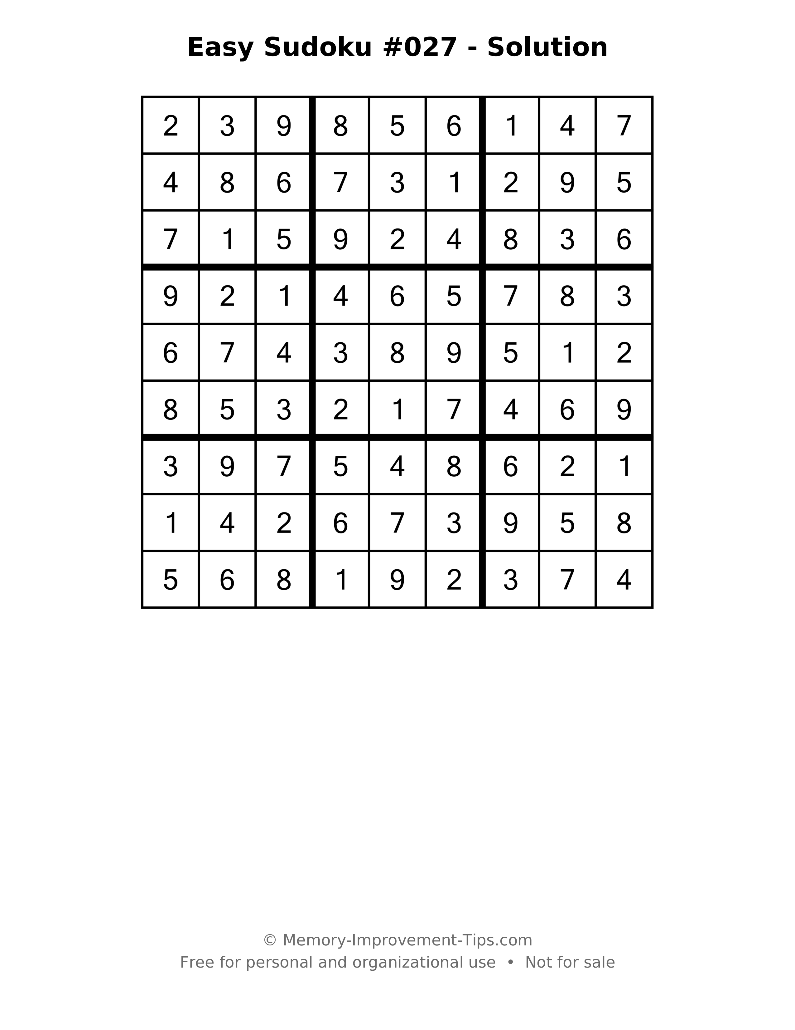 Printable solution: Easy Sudoku #027 - Solution