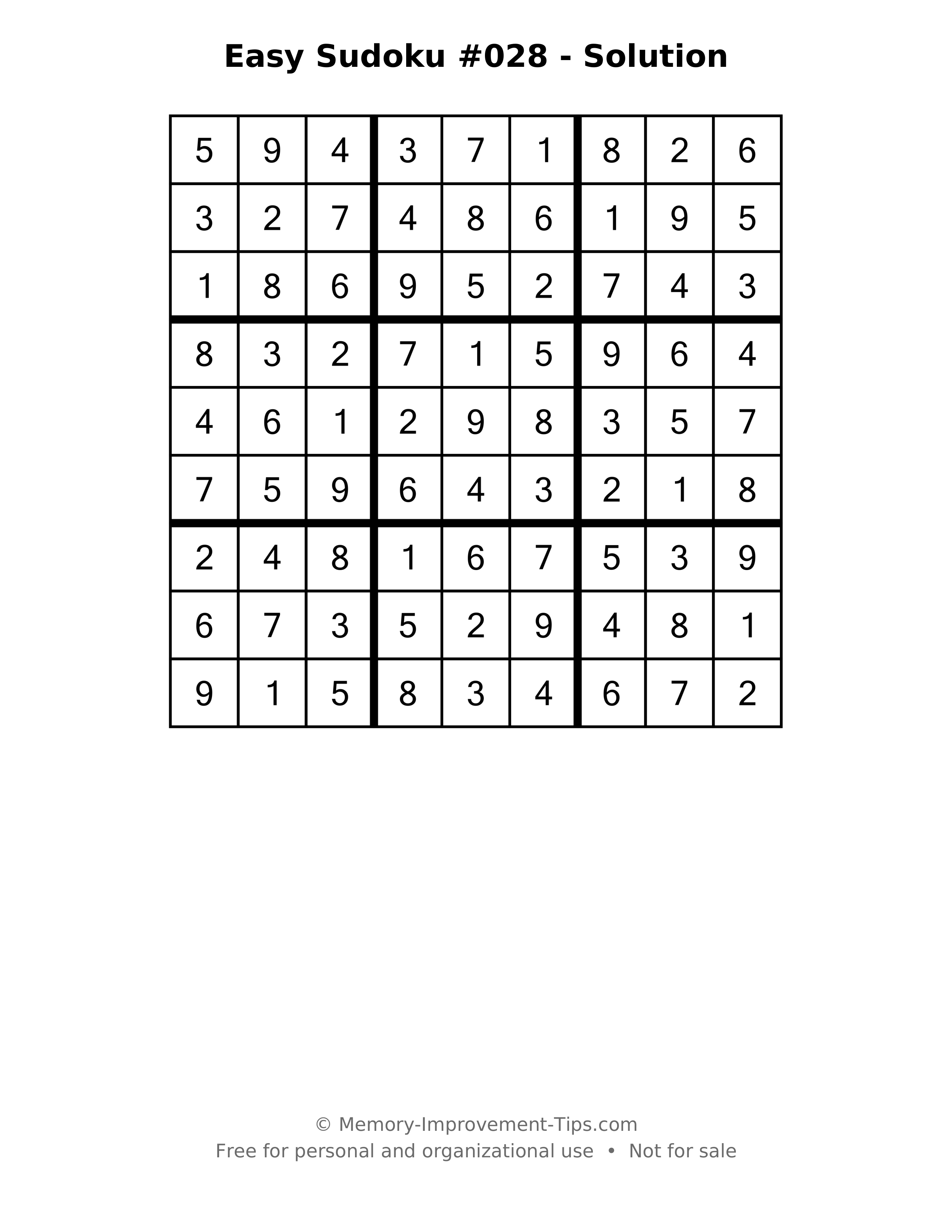 Printable solution: Easy Sudoku #028 - Solution