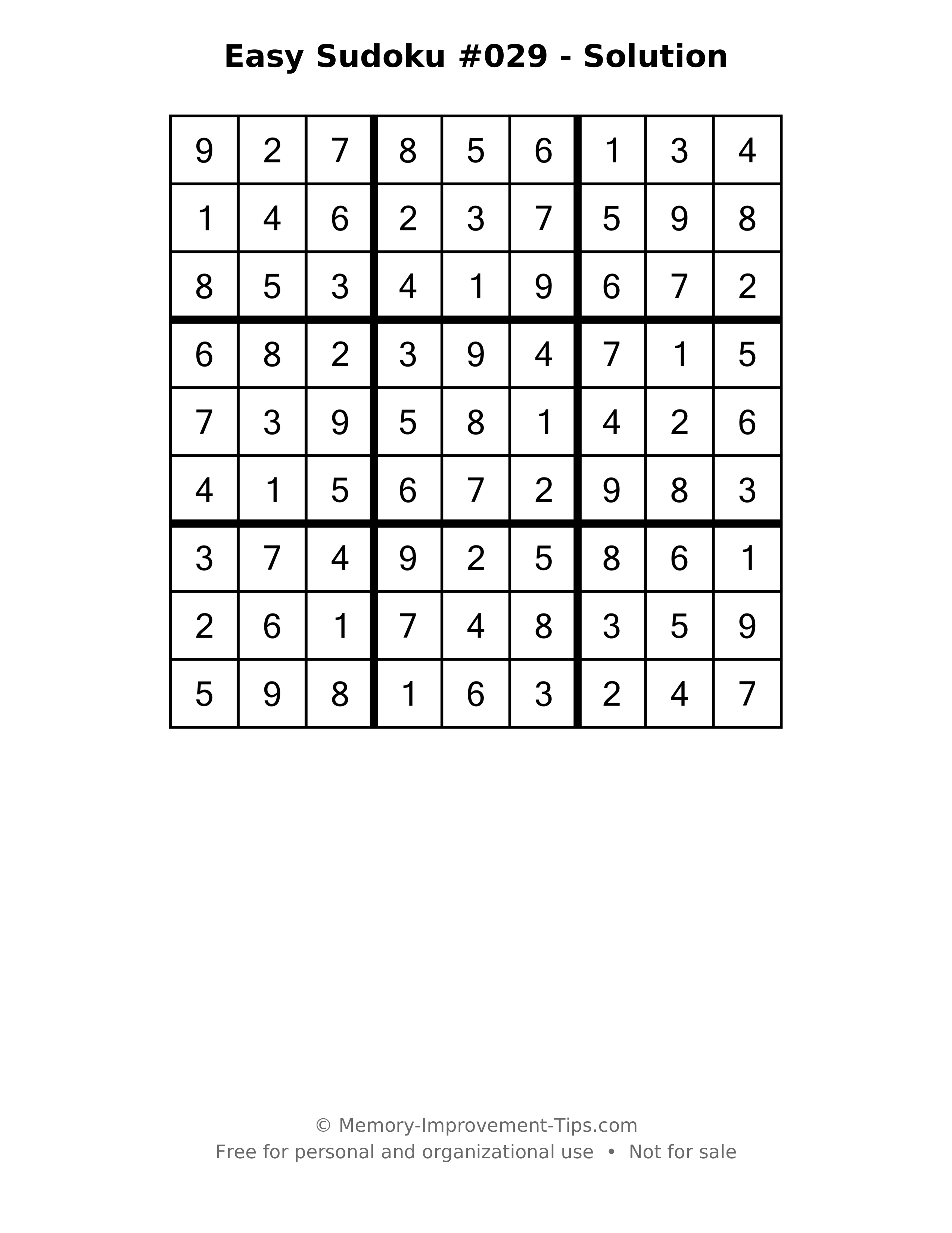 Printable solution: Easy Sudoku #029 - Solution
