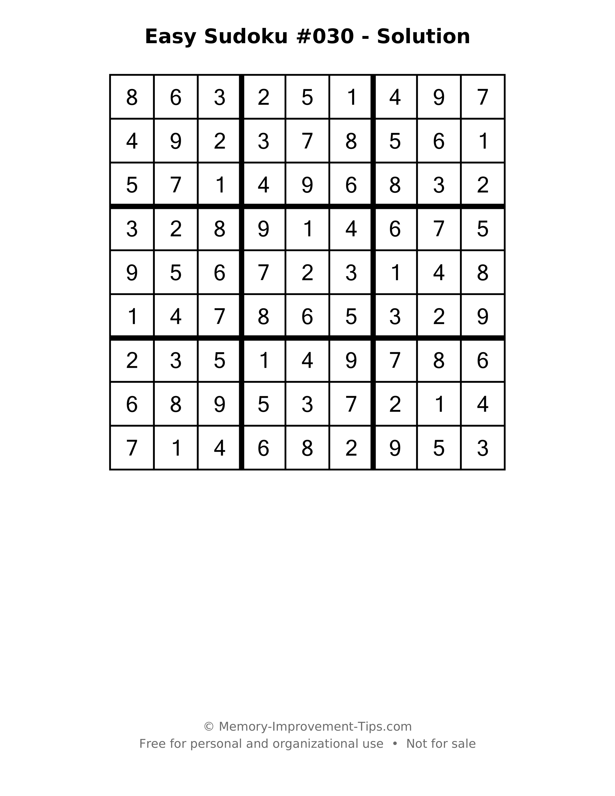 Printable solution: Easy Sudoku #030 - Solution